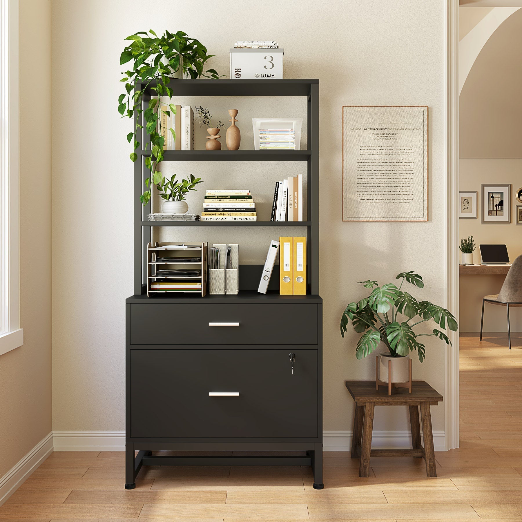 2-Drawer File Cabinet, Vertical Filing Cabinet with Lock & Bookshelf (Converted to cm)