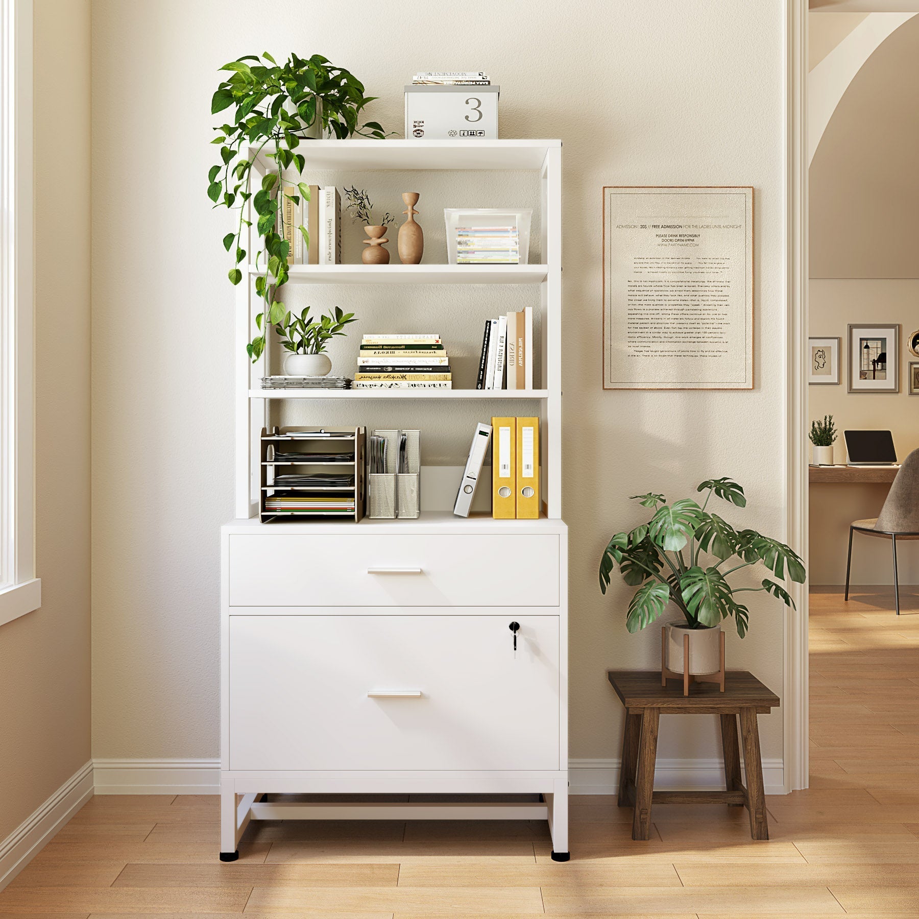 2-Drawer File Cabinet, Vertical Filing Cabinet with Lock & Bookshelf (Converted to cm)