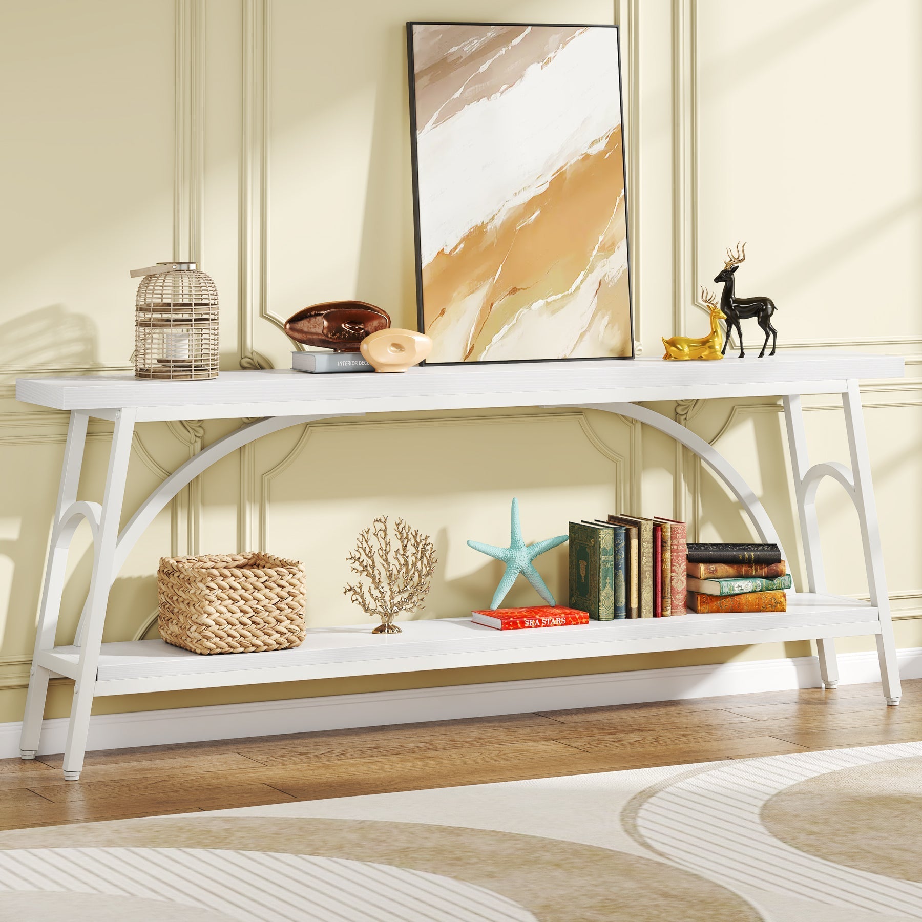 2-Tier Console Table, 180 cm Sofa Table Hallway Table with Open Shelves