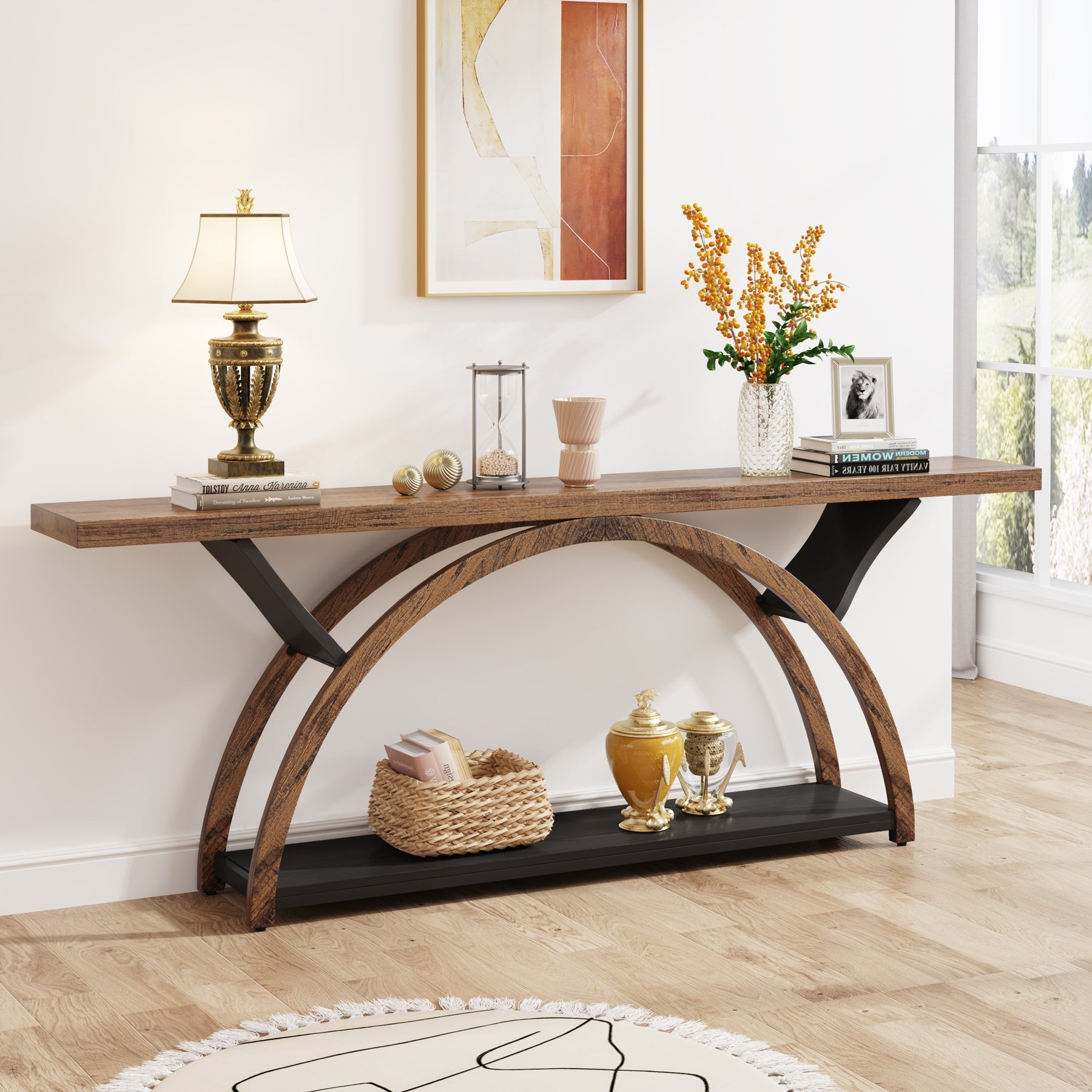 2-Tier Console Table, 180 cm Entryway Table with Half Moon Frame