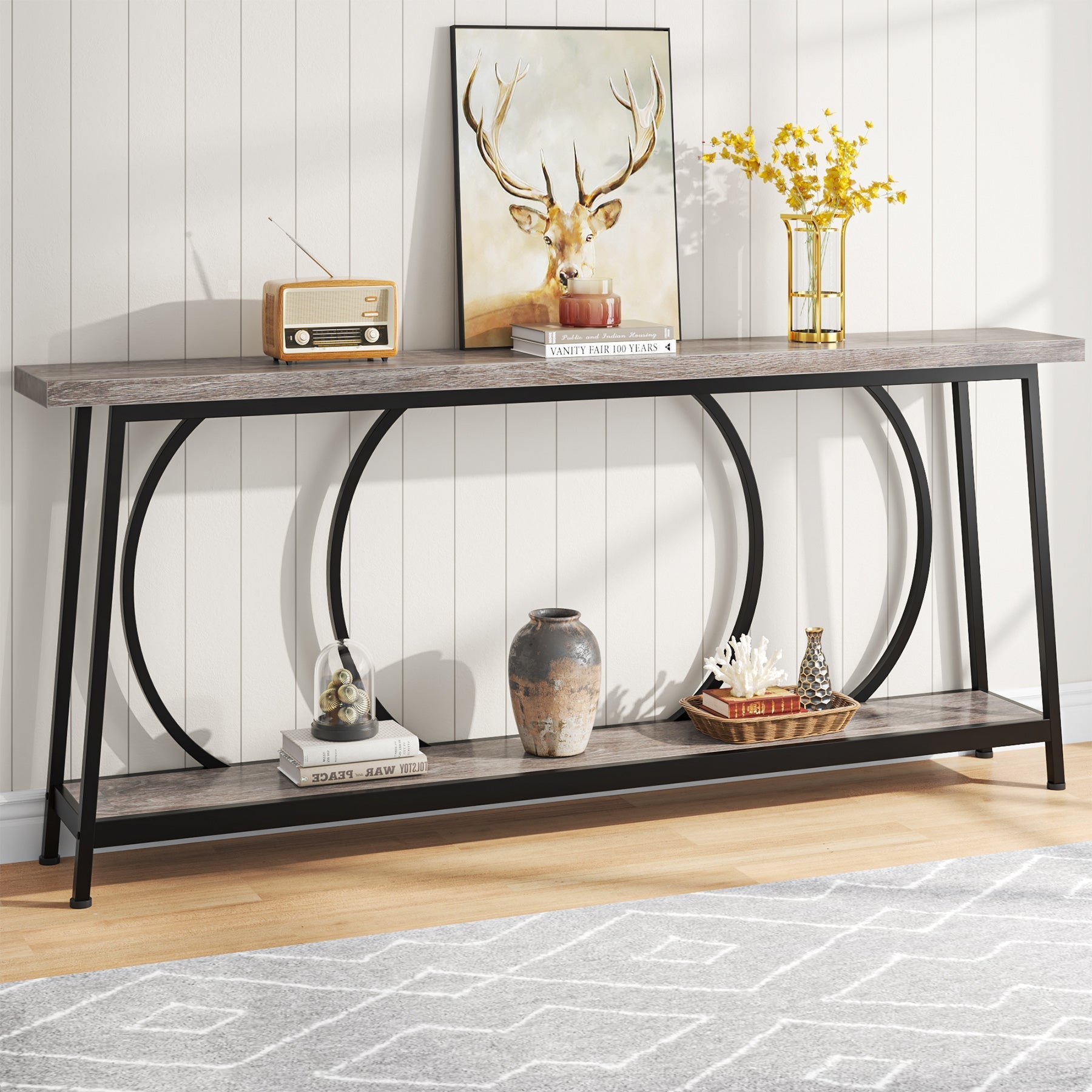 2-Tier Console Table, 180 cm Sofa Entryway Table with Storage Shelves