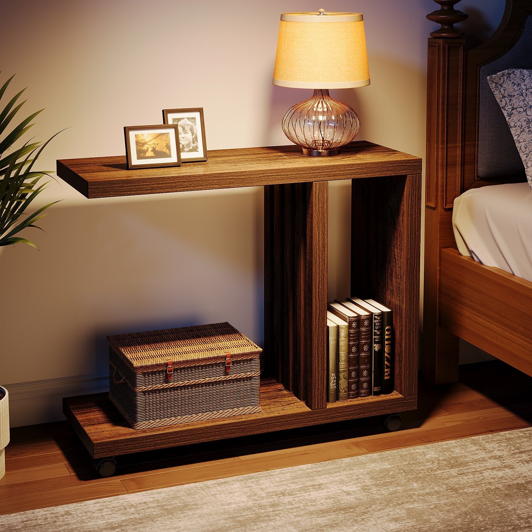 2-Tier End Table,  C-Shaped Wood Side Table with Lockable Wheels