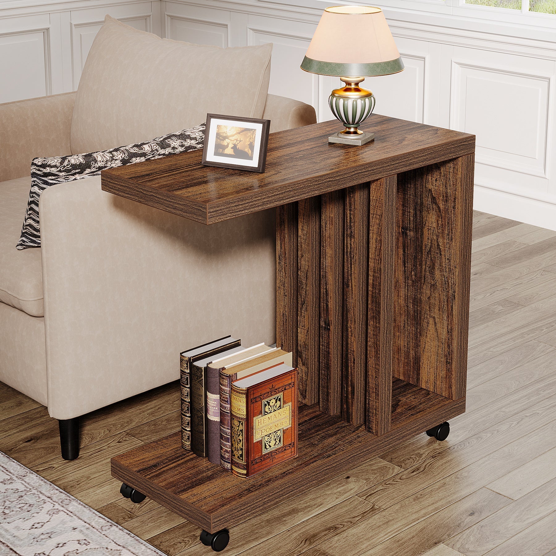 2-Tier End Table,  C-Shaped Wood Side Table with Lockable Wheels