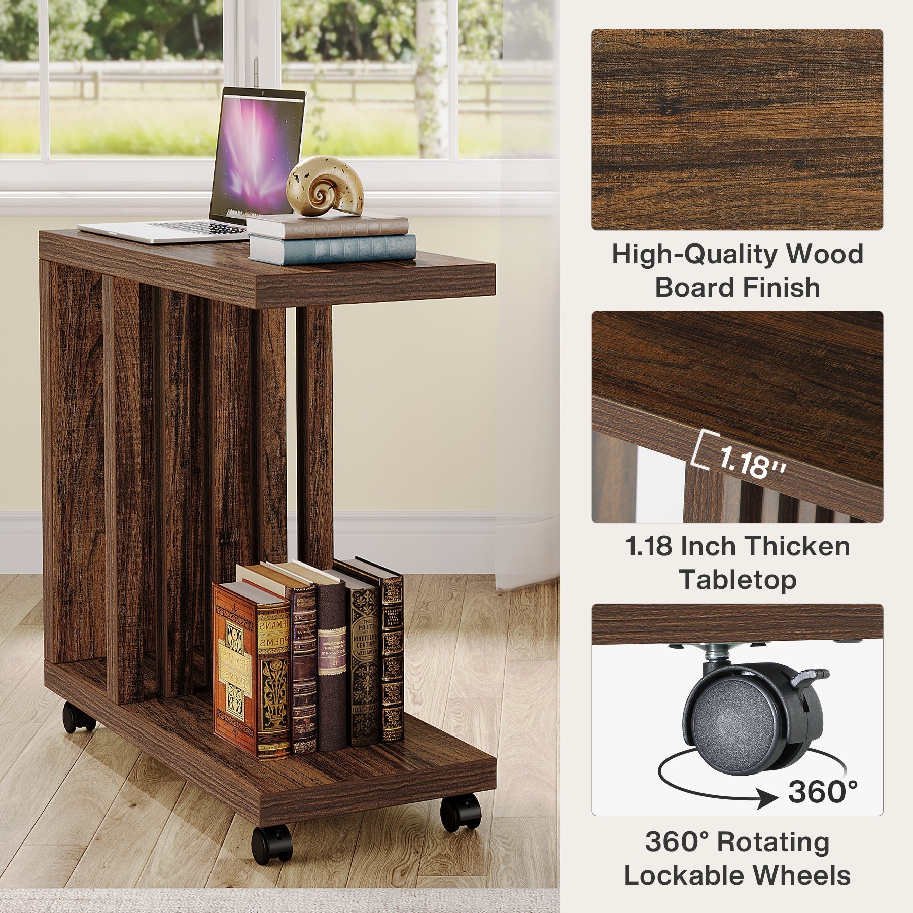 2-Tier End Table,  C-Shaped Wood Side Table with Lockable Wheels