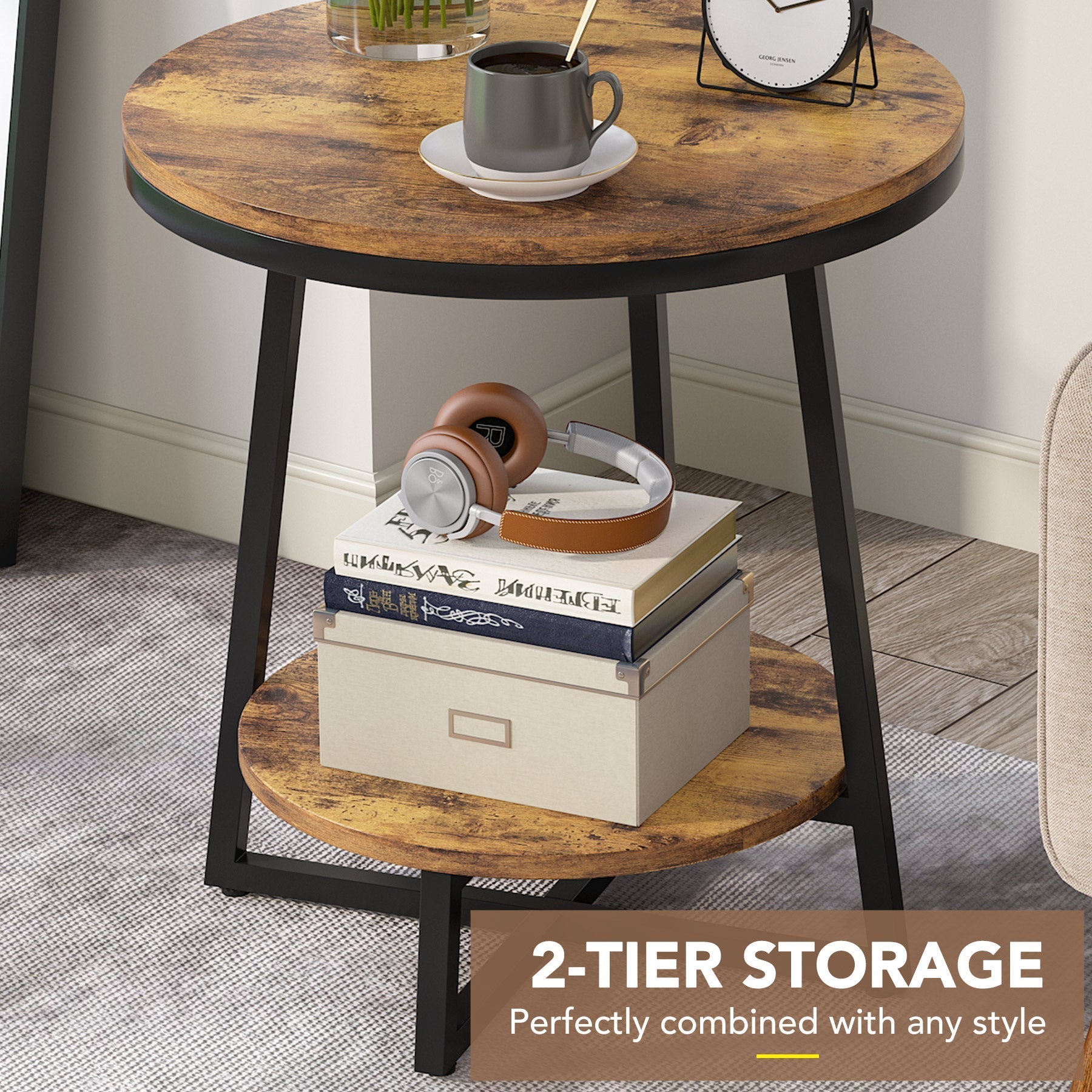 2-Tier End Table, Round Accent Bedside Table with Storage Shelf