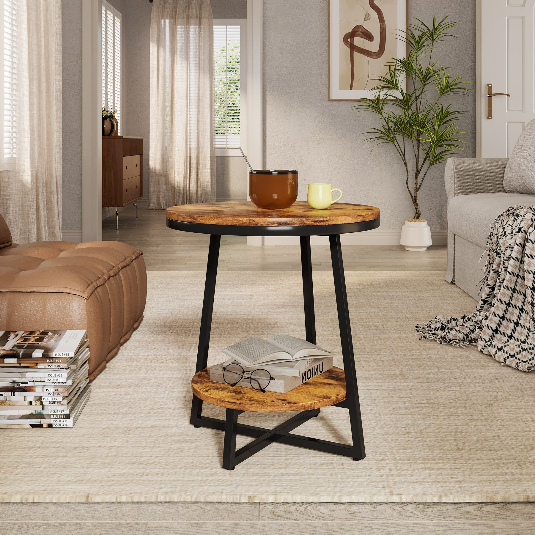 2-Tier End Table, Round Accent Bedside Table with Storage Shelf