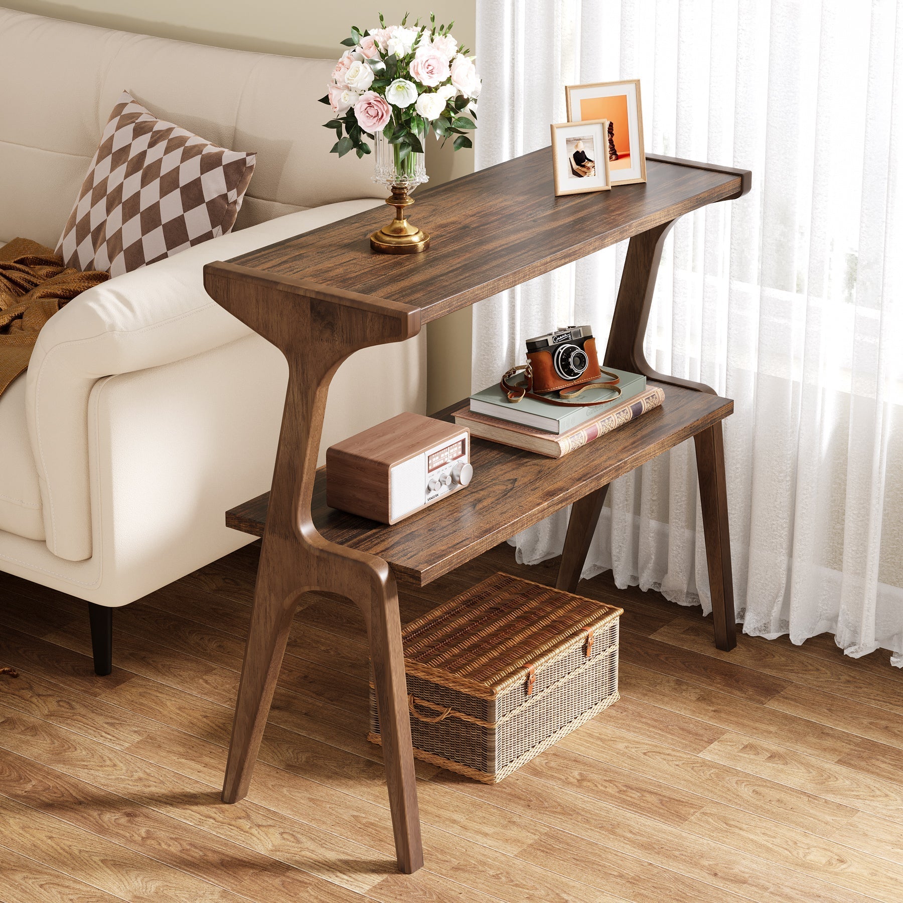 2-Tier End Table, Slim Sofa Side Table with Storage Shelf