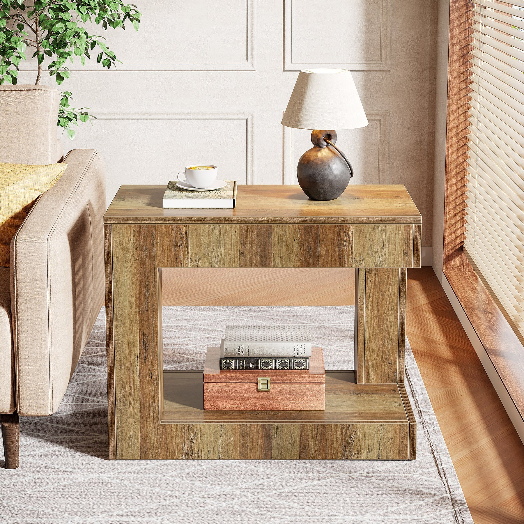 2-Tier End Table, Small Sofa Side Table With Open Storage Shelf