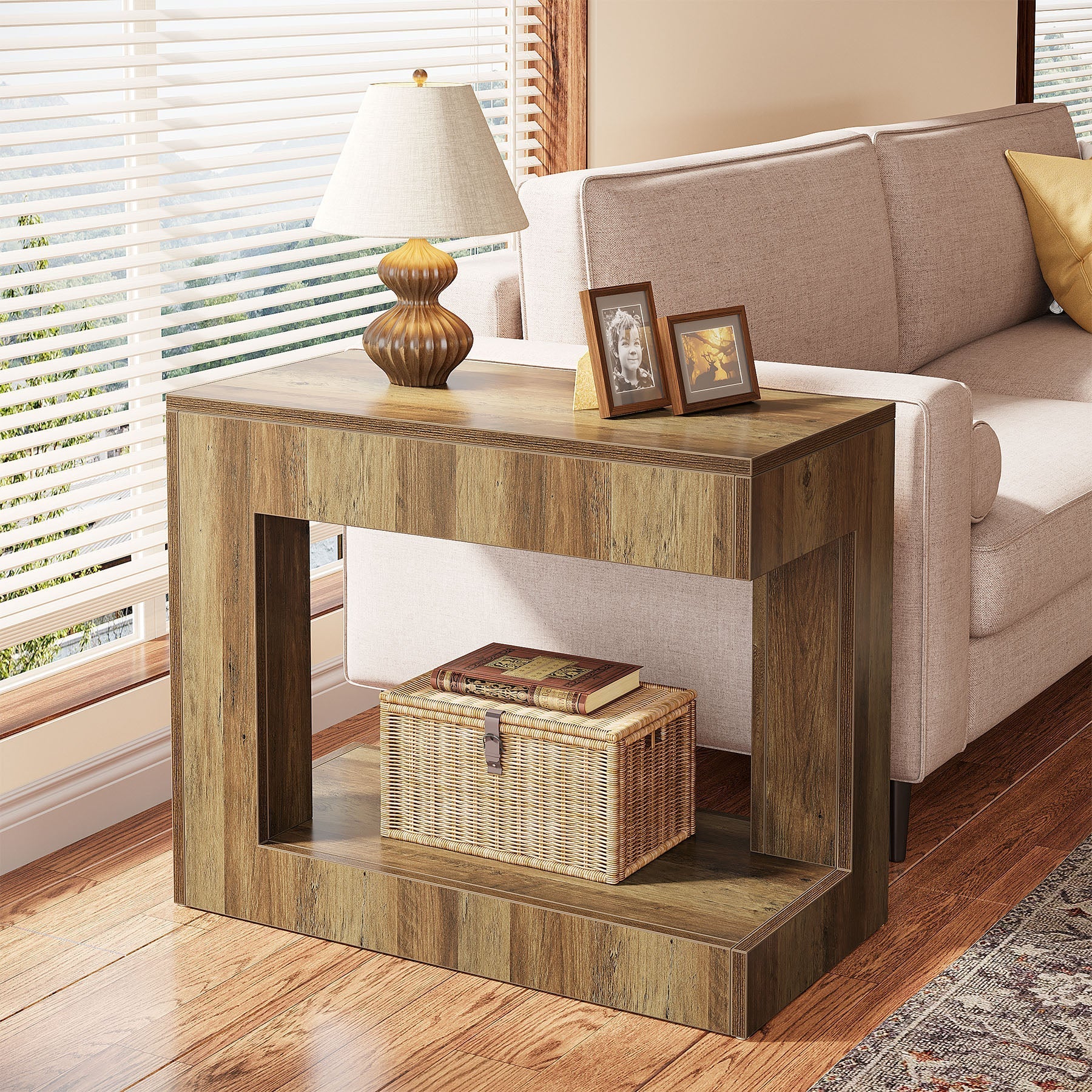 2-Tier End Table, Small Sofa Side Table With Open Storage Shelf