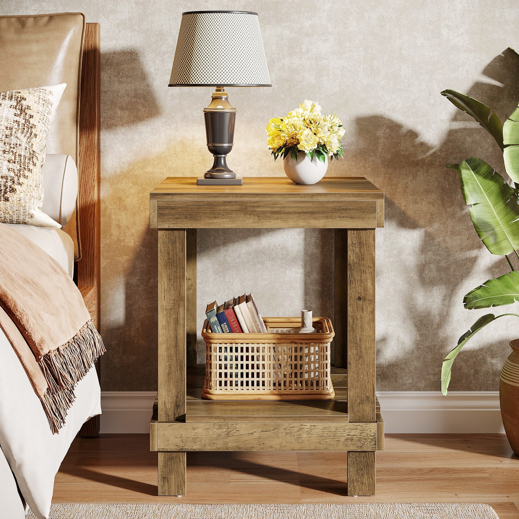 2-Tier End Table, Square Side Table Nightstand with 2 Storage Shelves