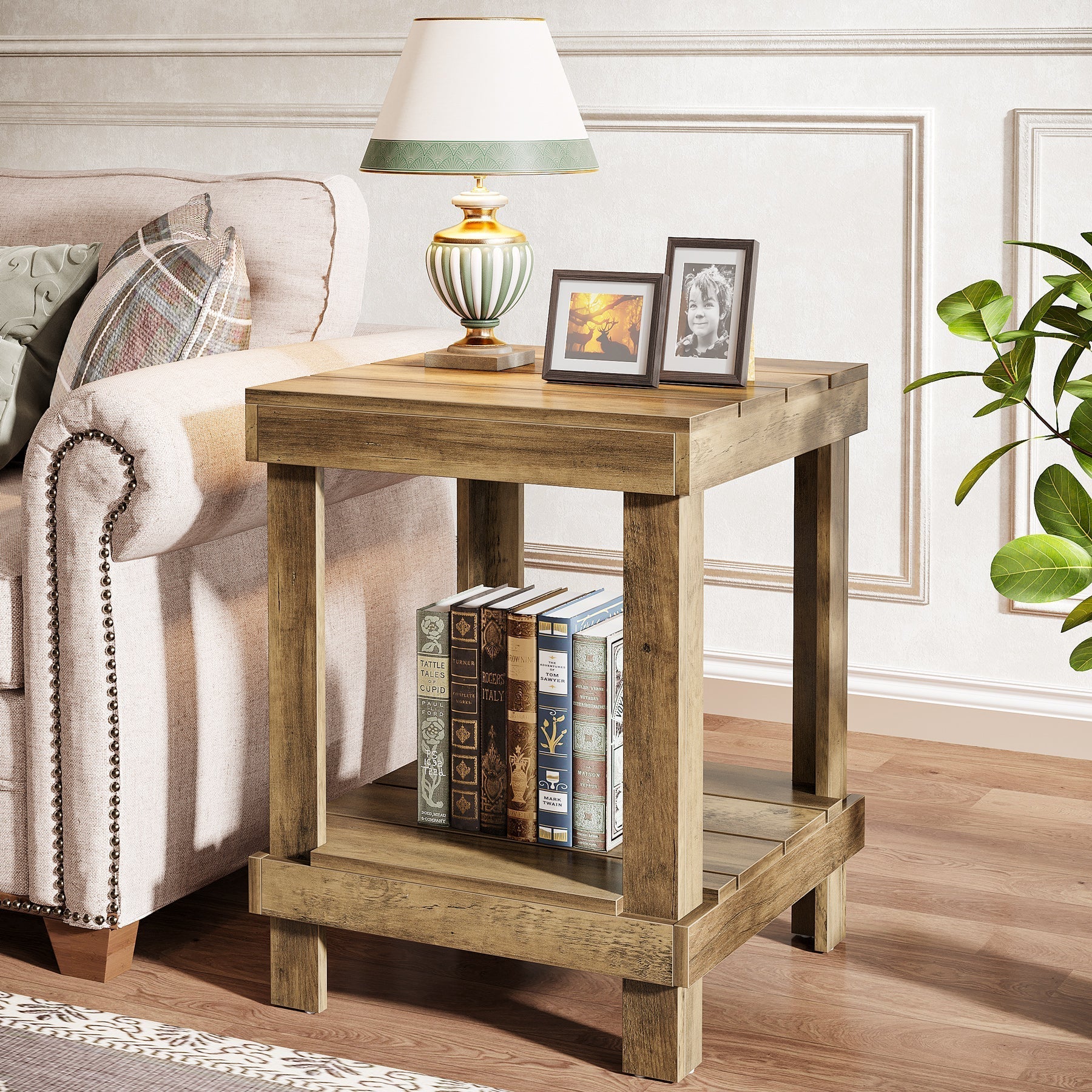 2-Tier End Table, Square Side Table Nightstand with 2 Storage Shelves