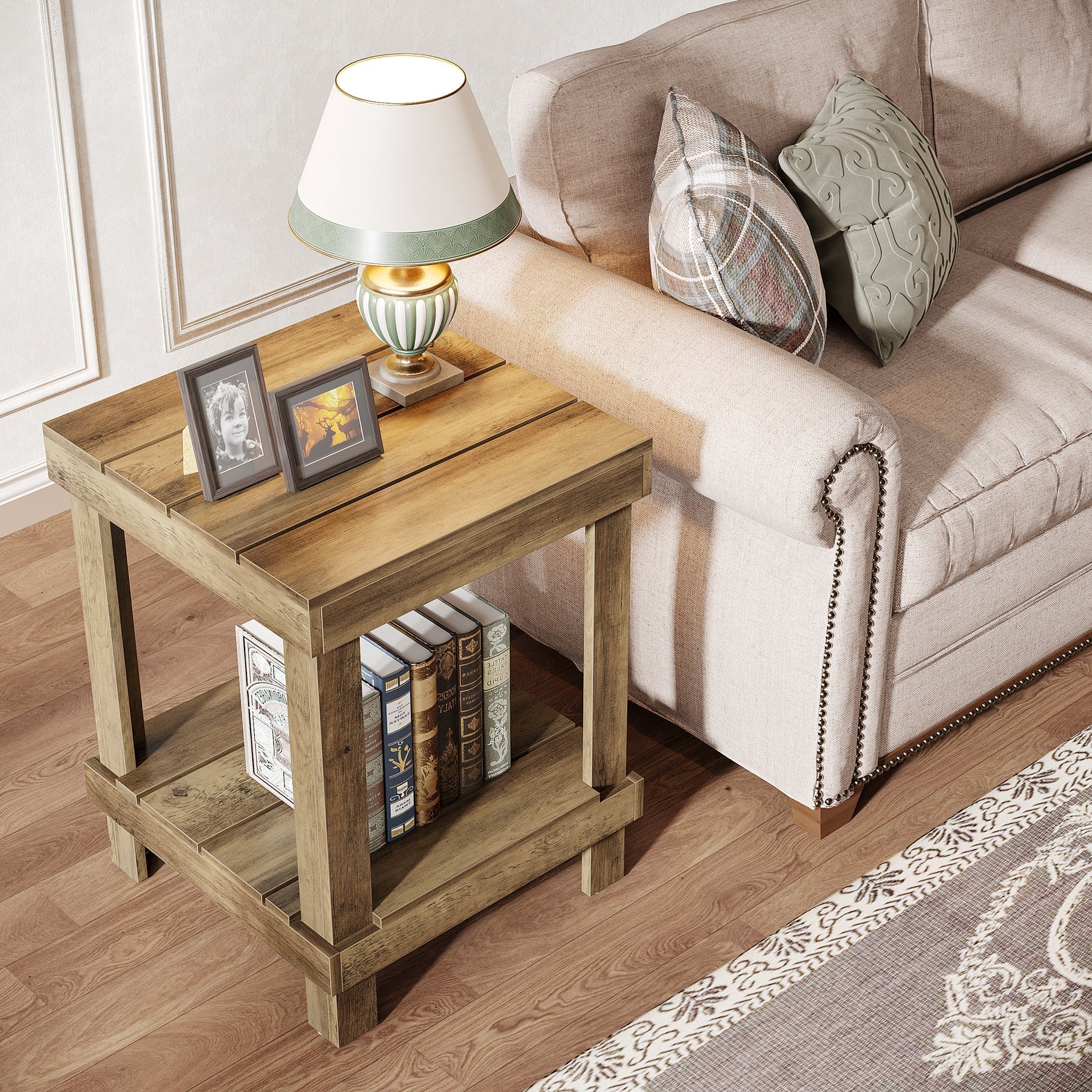 2-Tier End Table, Square Side Table Nightstand with 2 Storage Shelves