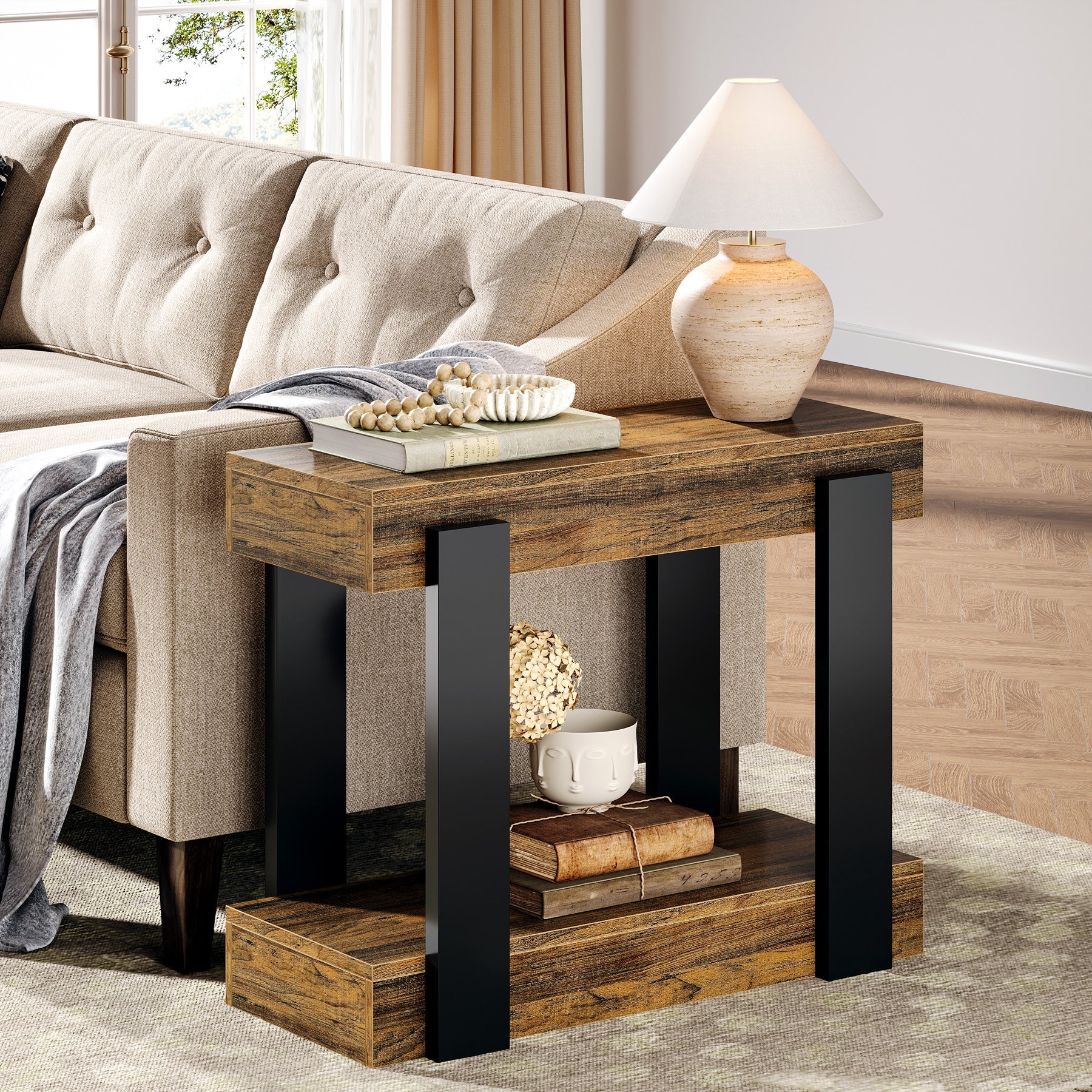 2-Tier End Table, Wood Farmhouse Side Table for Living Room