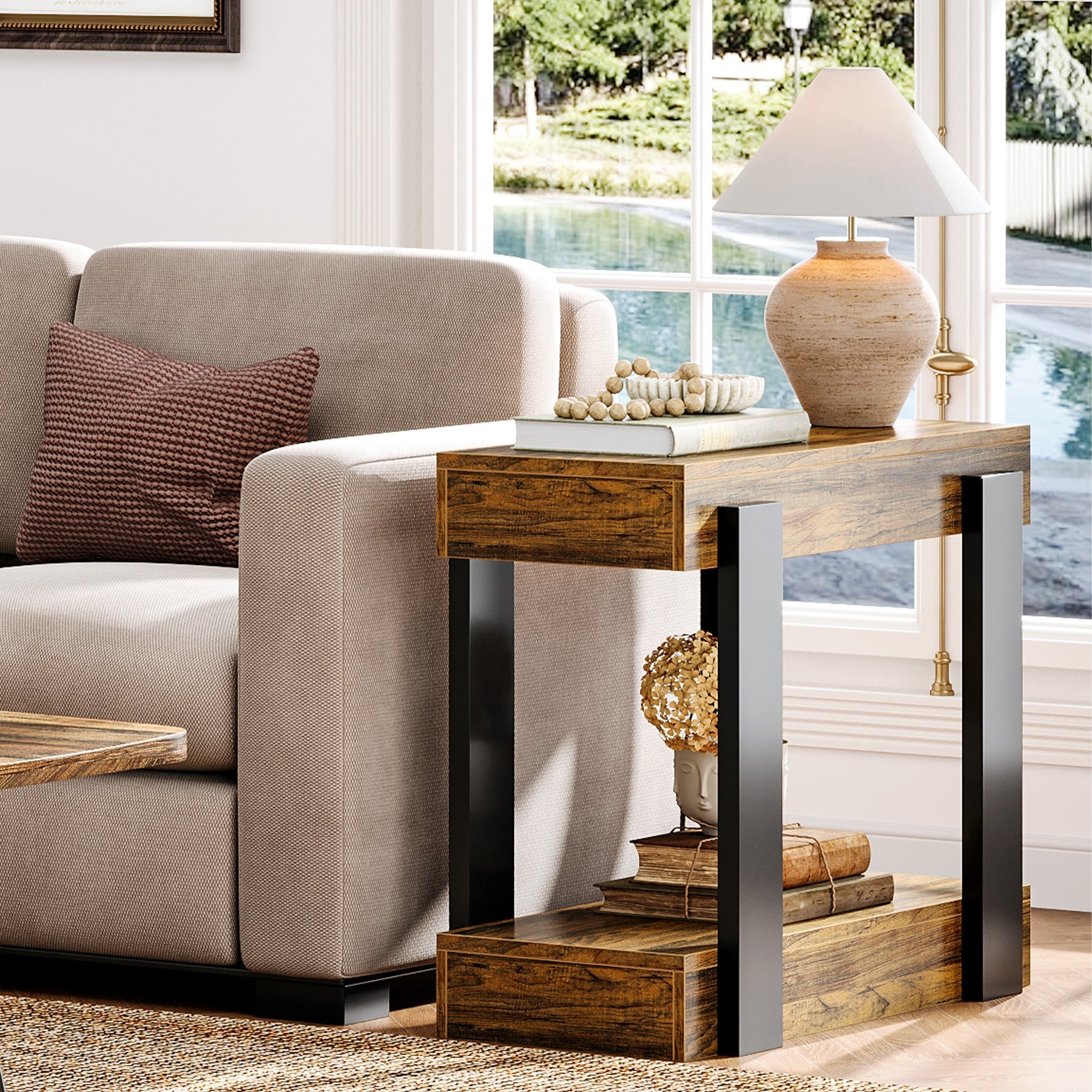 2-Tier End Table, Wood Farmhouse Side Table for Living Room