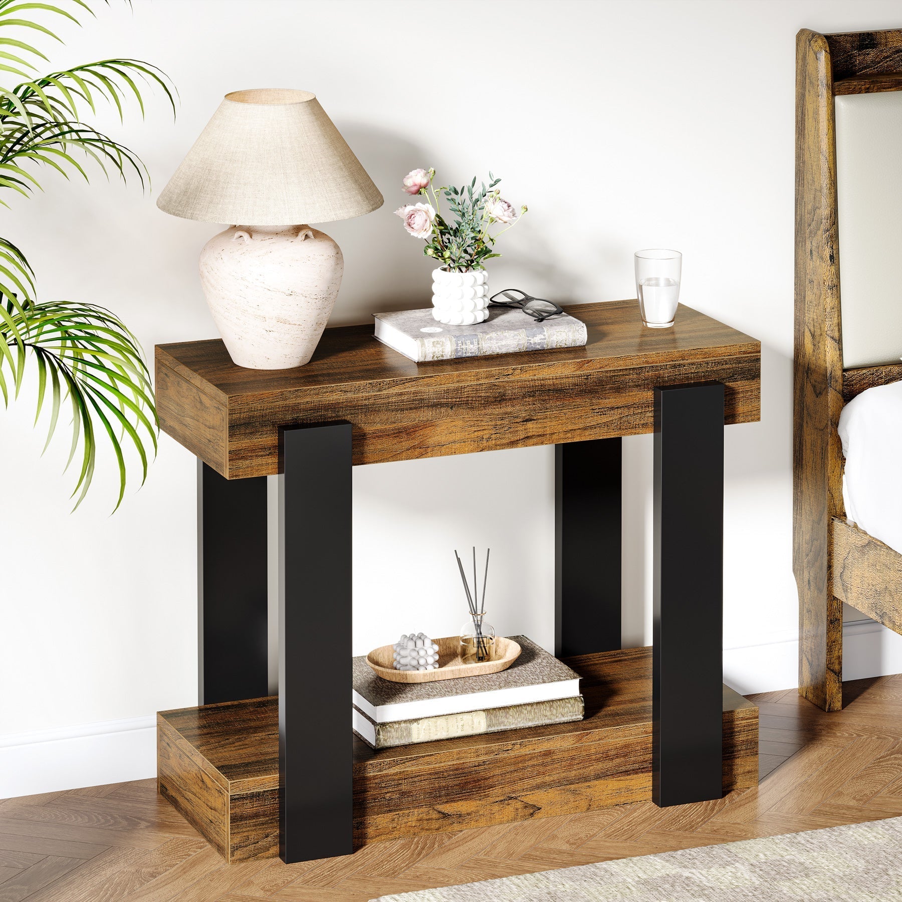 2-Tier End Table, Wood Farmhouse Side Table for Living Room