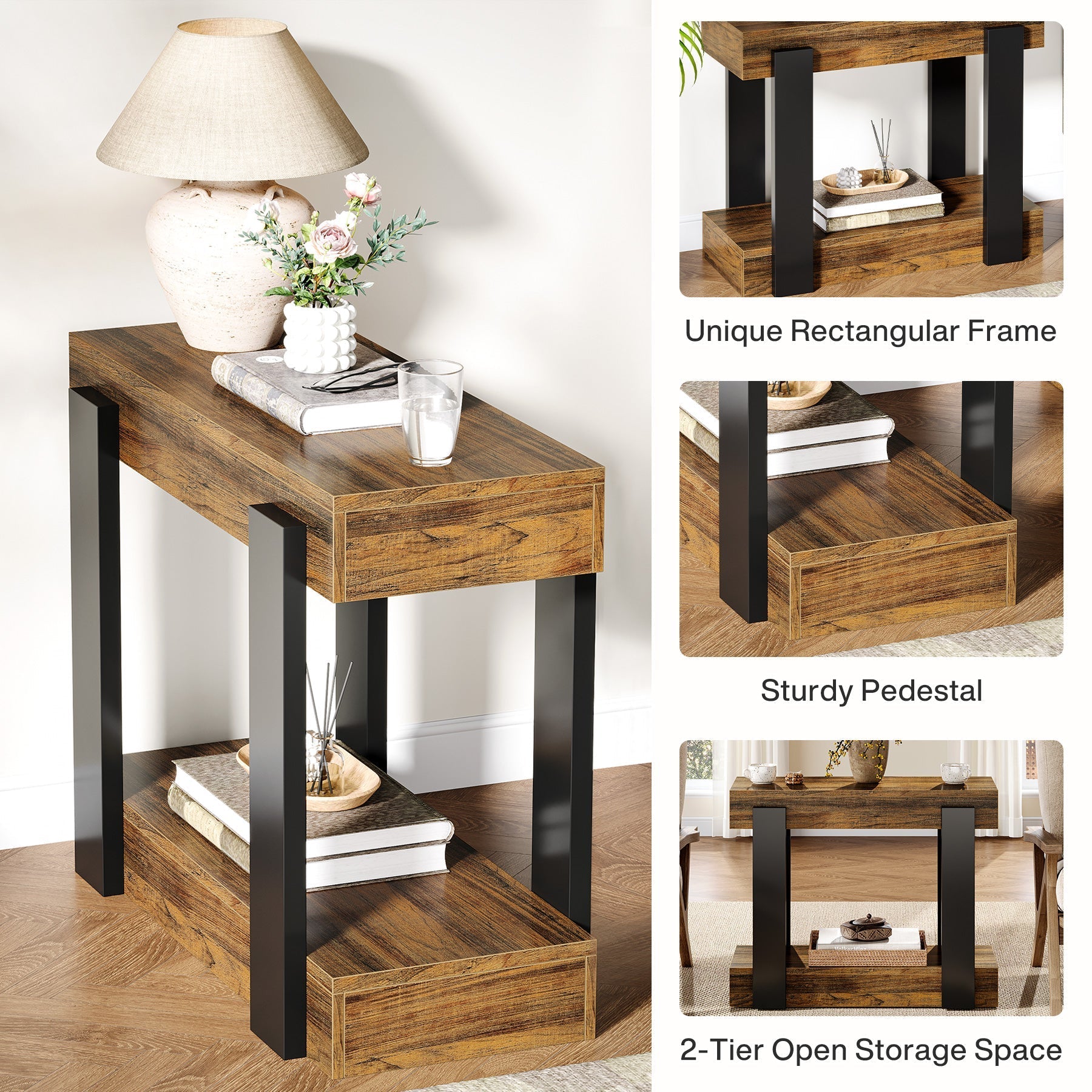 2-Tier End Table, Wood Farmhouse Side Table for Living Room