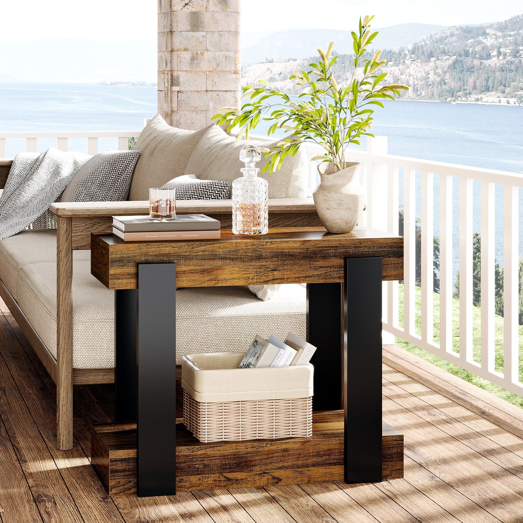 2-Tier End Table, Wood Farmhouse Side Table for Living Room