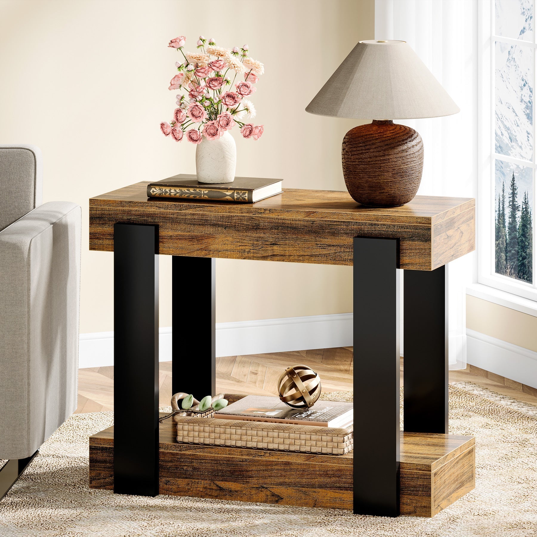 2-Tier End Table, Wood Farmhouse Side Table for Living Room