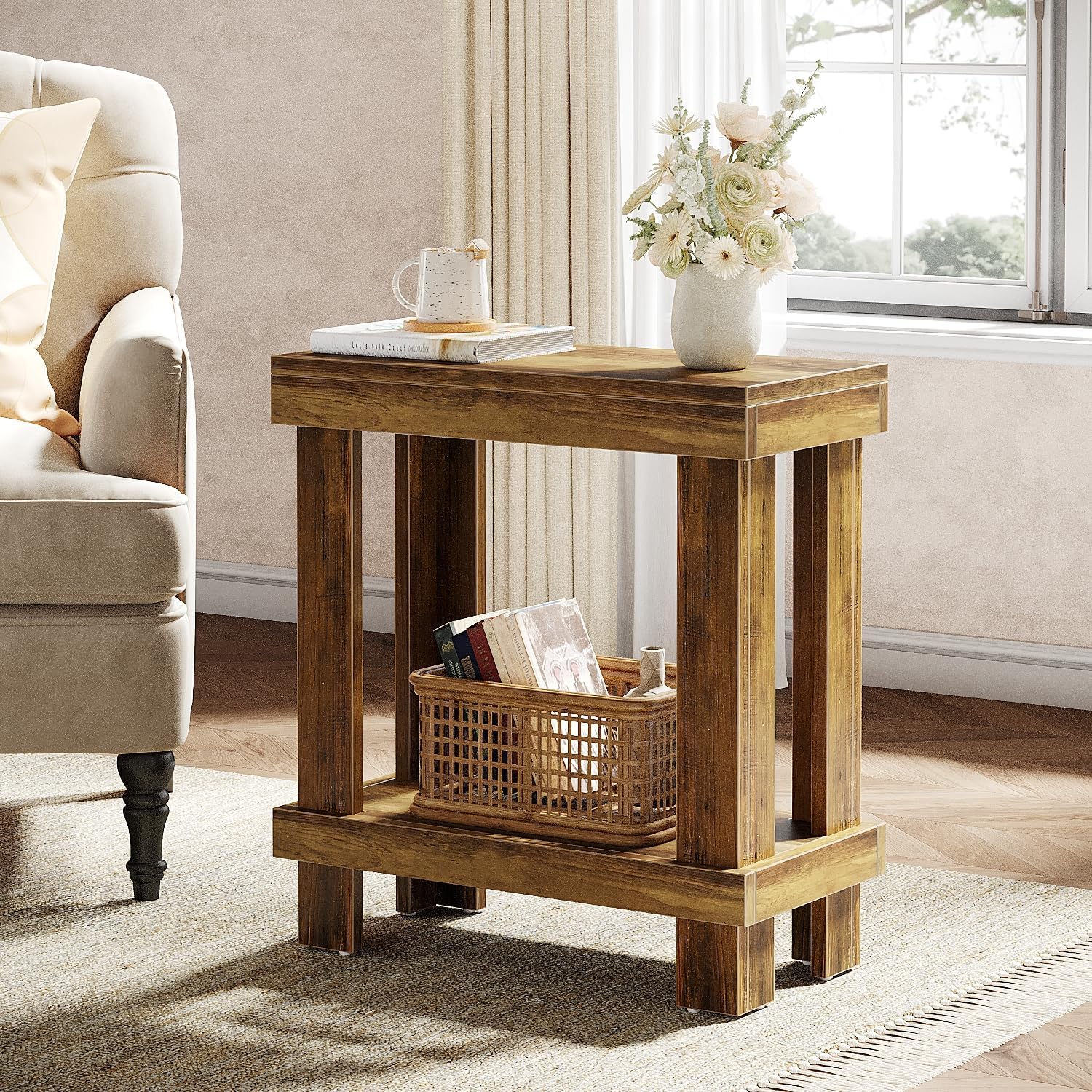 2-Tier End Table, Wood Side Table with Lower Shelf