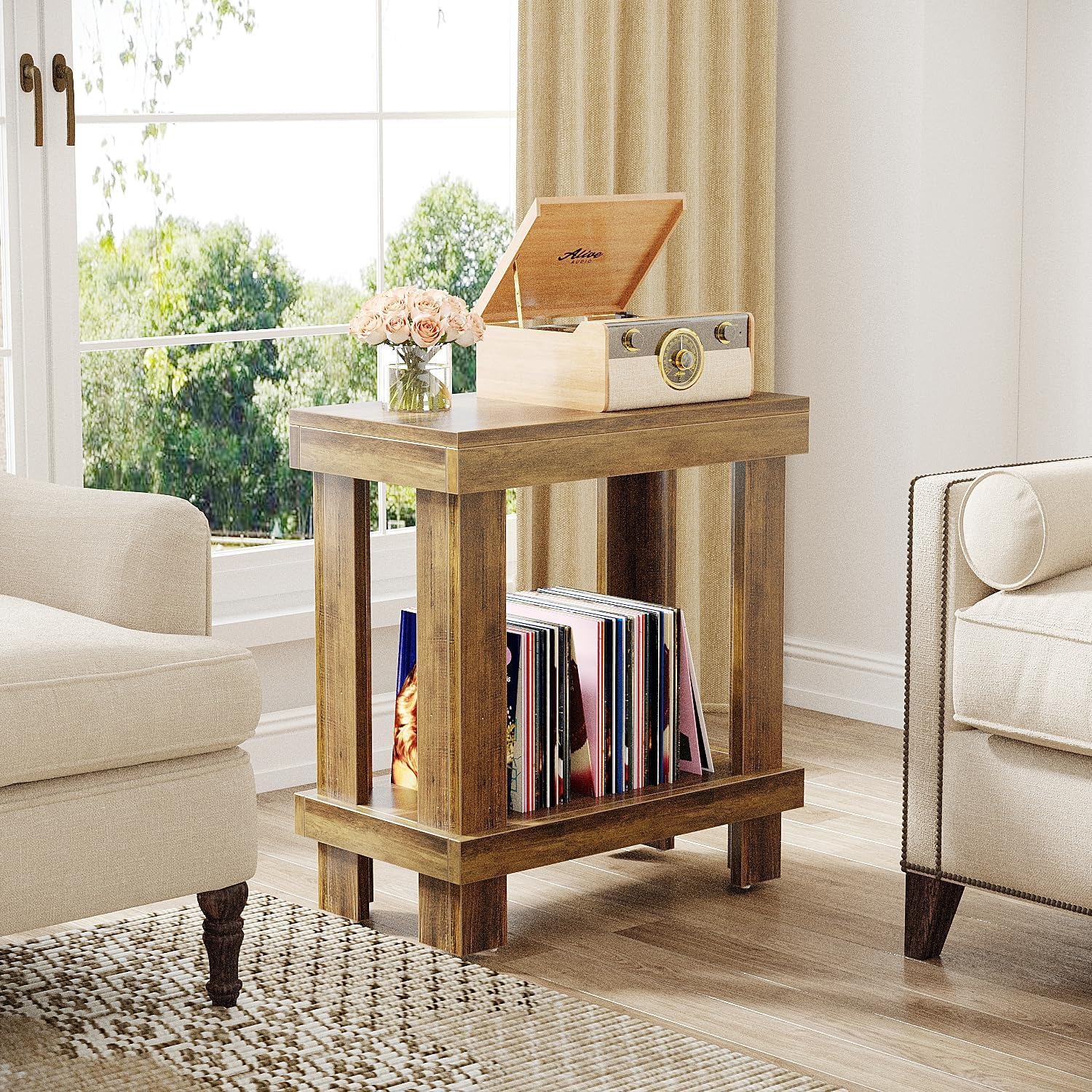 2-Tier End Table, Wood Side Table with Lower Shelf