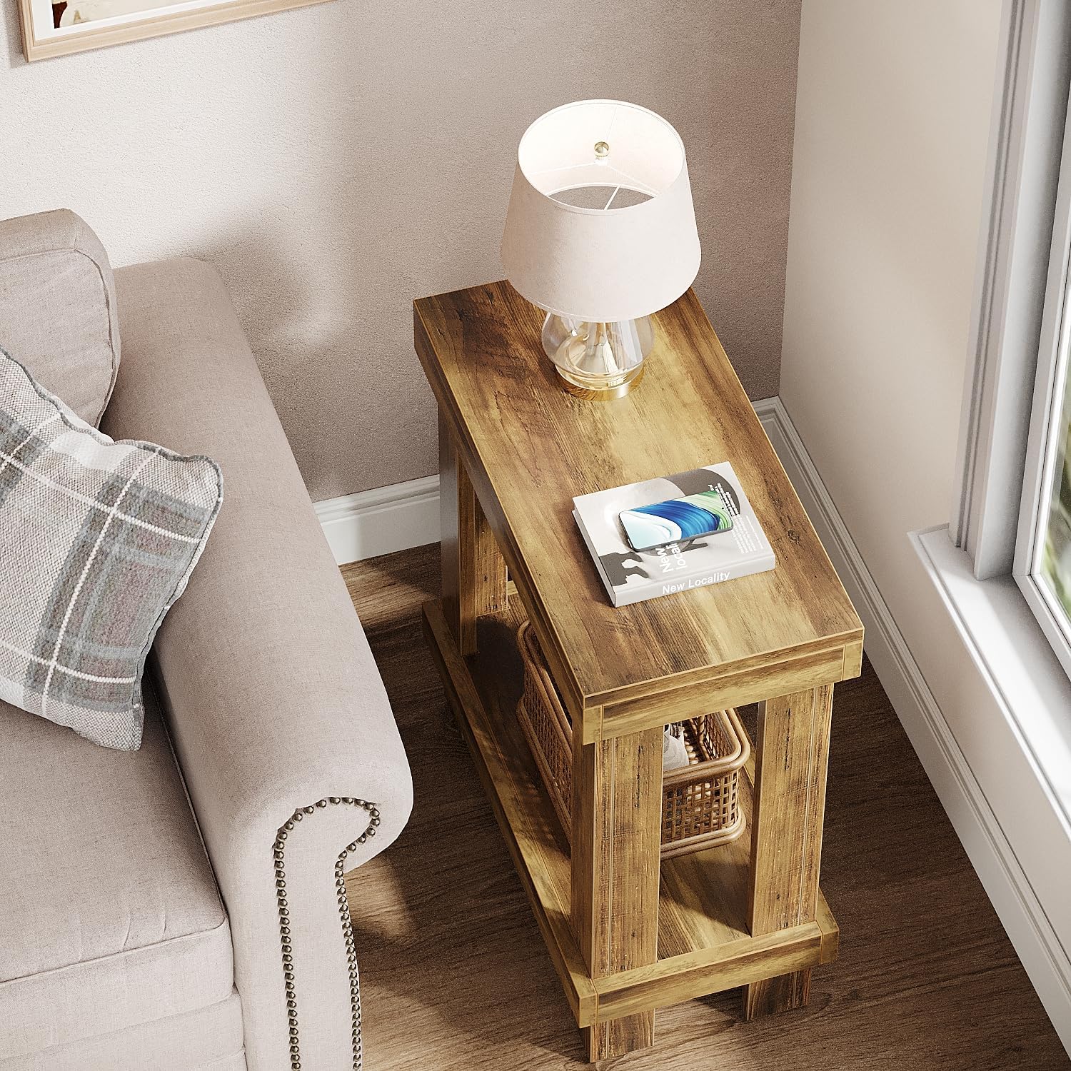 2-Tier End Table, Wood Side Table with Lower Shelf