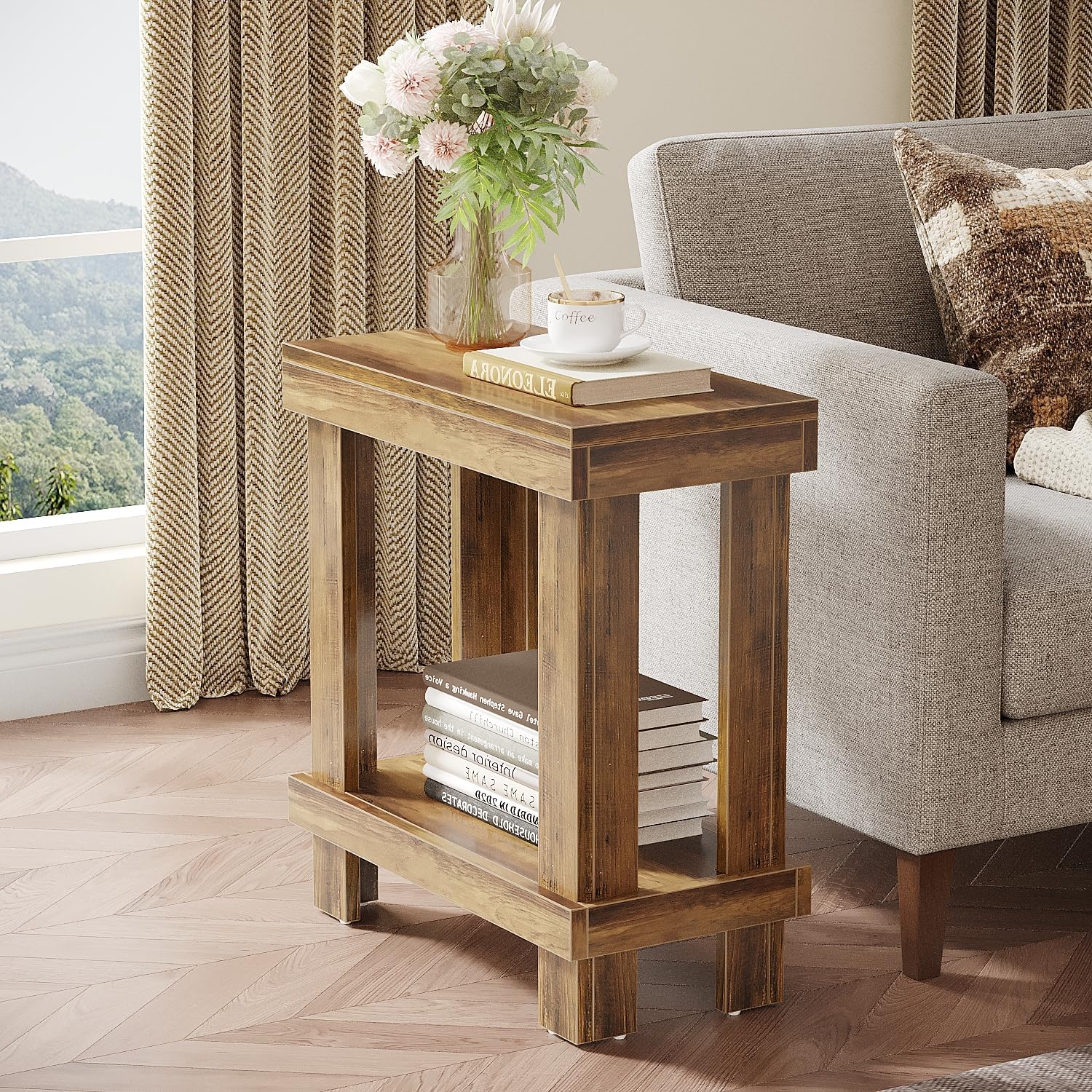 2-Tier End Table, Wood Side Table with Lower Shelf