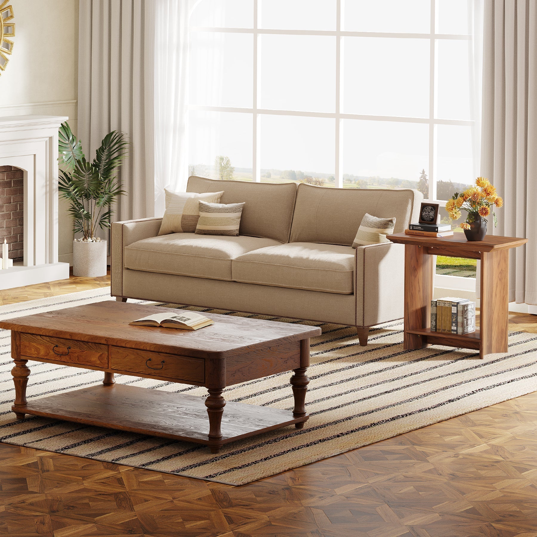 2-Tier End Table, Wood Sofa Side Table with Storage