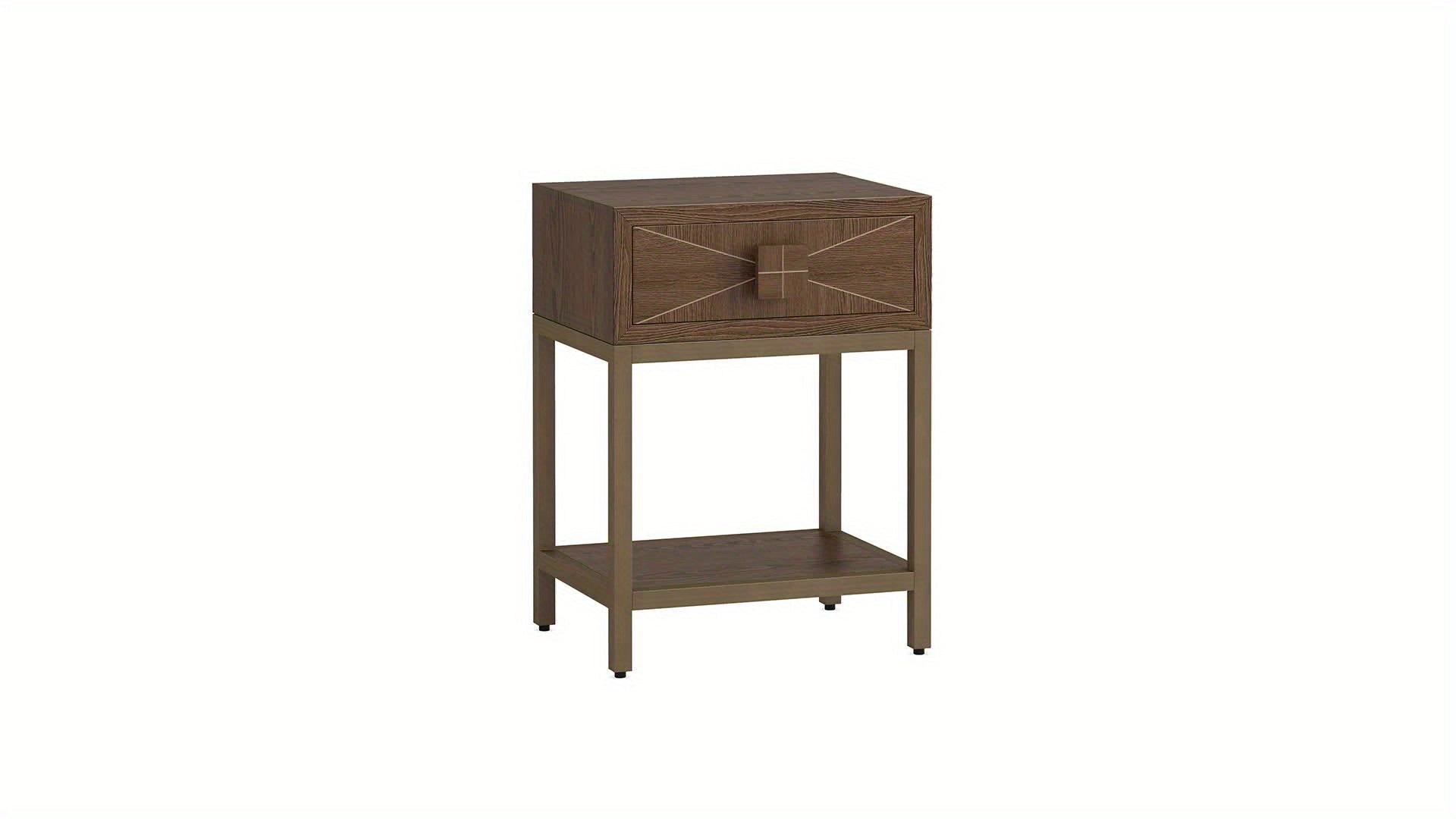 1pc Modern Farmhouse Bedside Table, Brown Oak Finish, Space-Saving Nightstand with Drawer, Engineered Wood Top, Manufactured Wood Base, Sturdy Metal Frame, Adjustable Foot Pads, Independent End Table for Living Room - <27" He