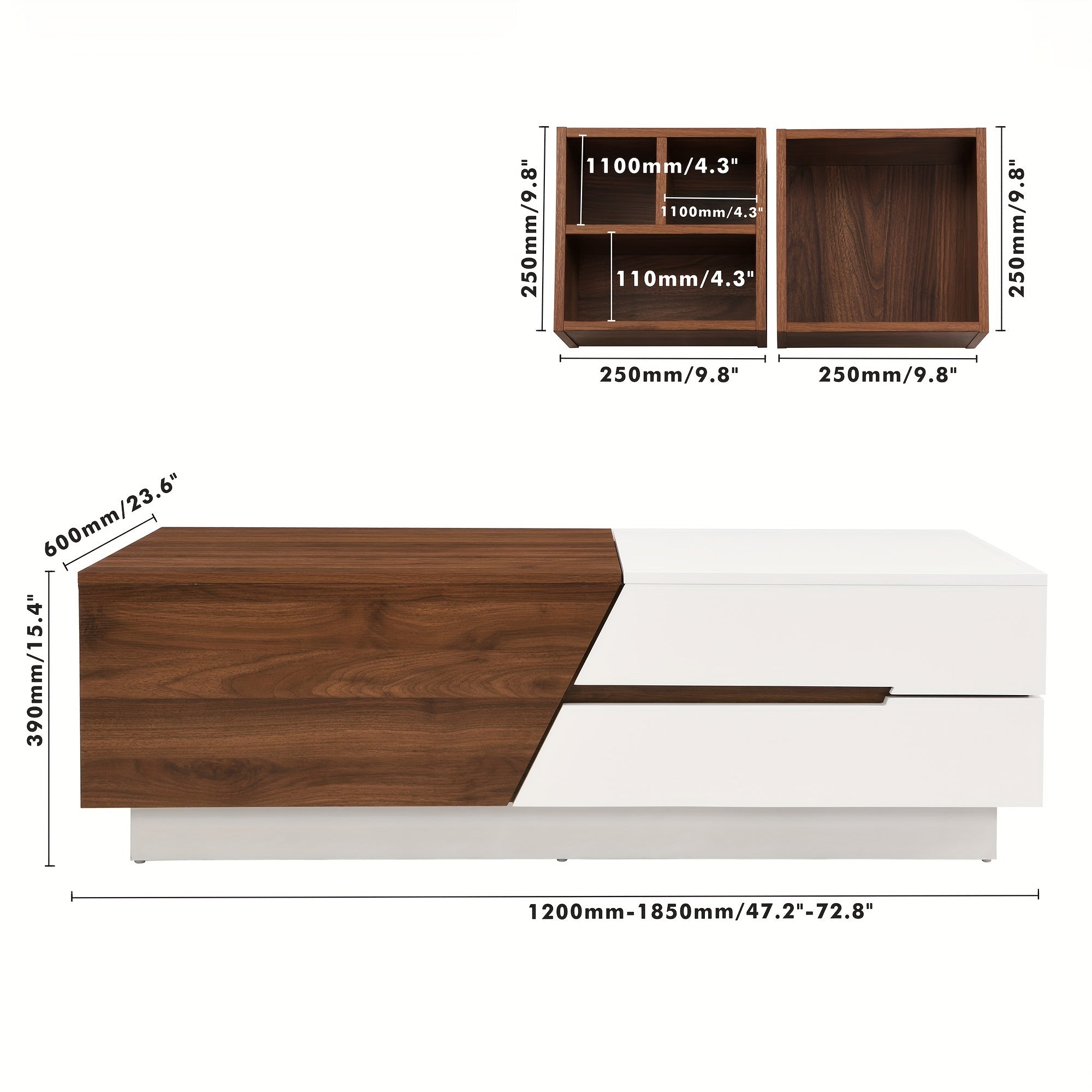 Modern Extendable Sliding Top Coffee Table With Storage In White&Walnut