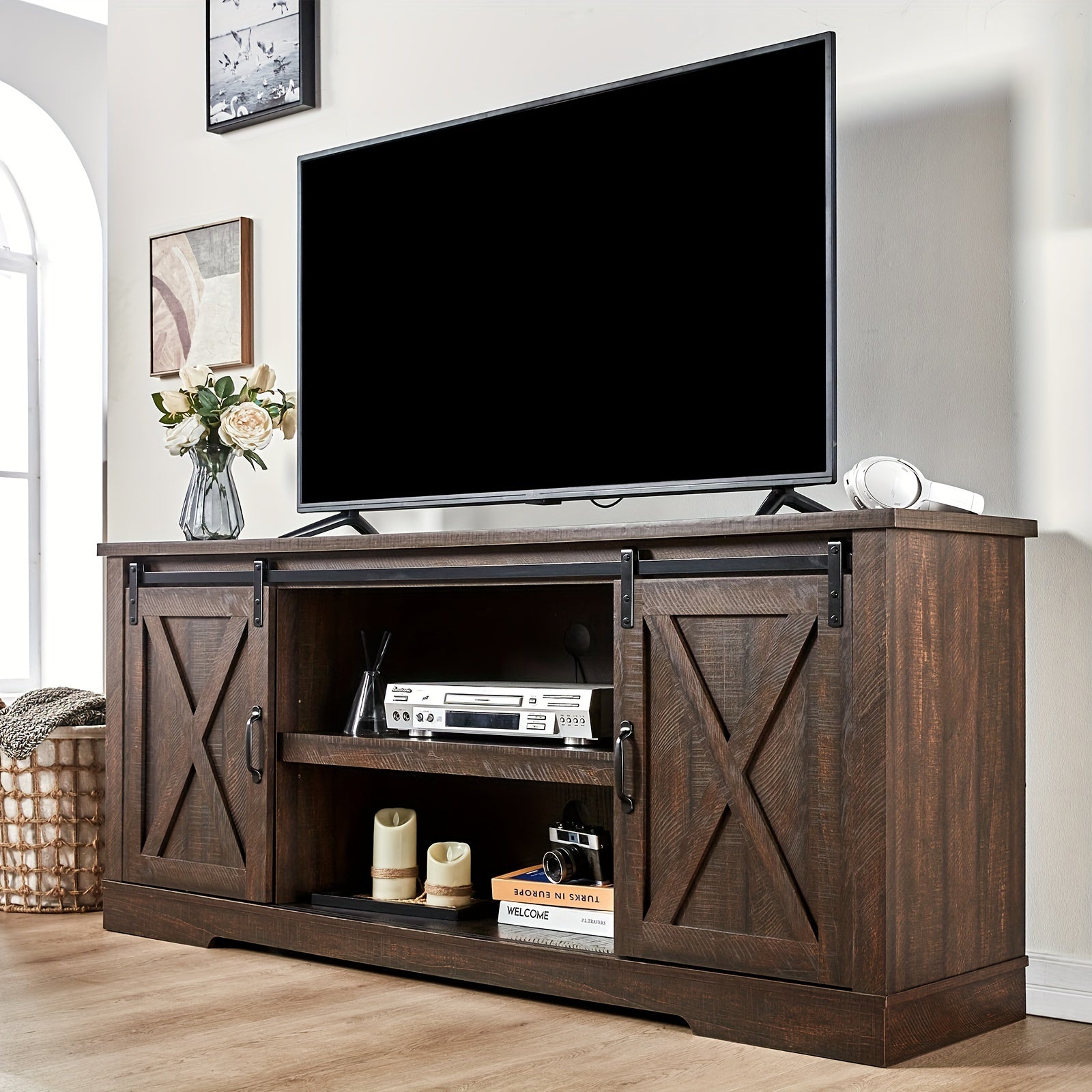 168cm Farmhouse TV Stand for 75 Inches TVs, Entertainment Center with Sliding Barn Door and Adjustable Shelf & Feet, Console Table with Storage