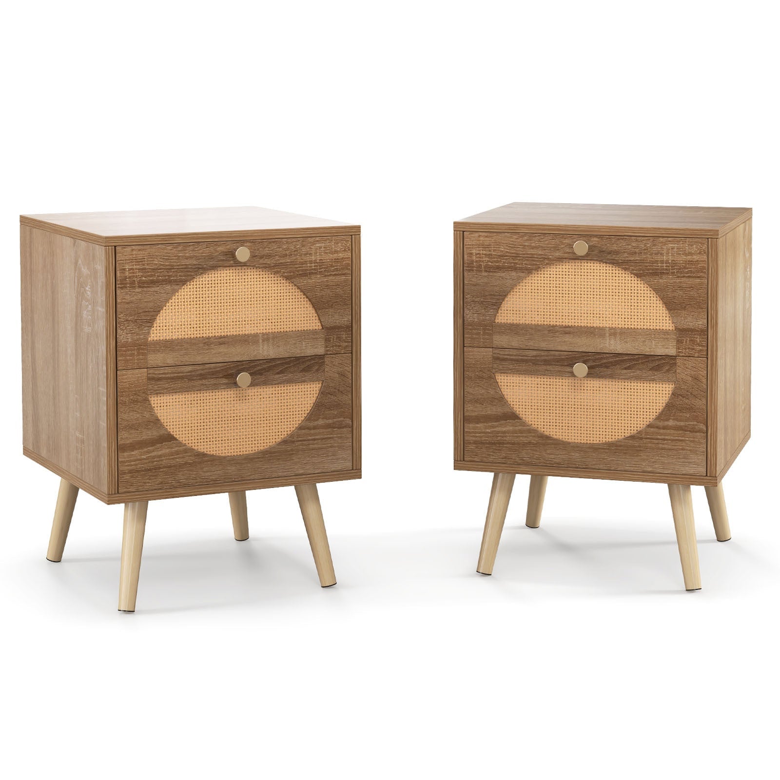 2pcs Rattan Nightstand w/ 2 Drawers, Bohemian Style Side End Table w/ Solid Wood Legs, Compact Wood Coffee Table, Home Bedside Table Set of 2, Multifunctional Accent Table for Living Room, Bedroom