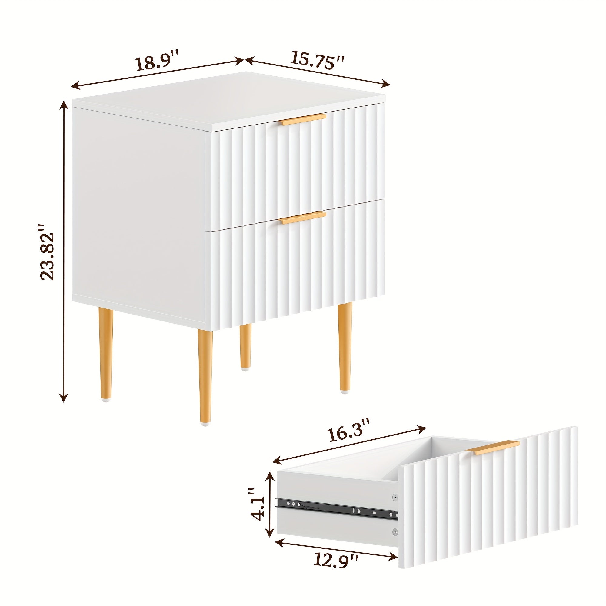 Nightstand, Mid Century Modern Night Stand With Fluted Panel, White Bedside Table With 2 Drawer, End Table With Gold Leg For Bedroom