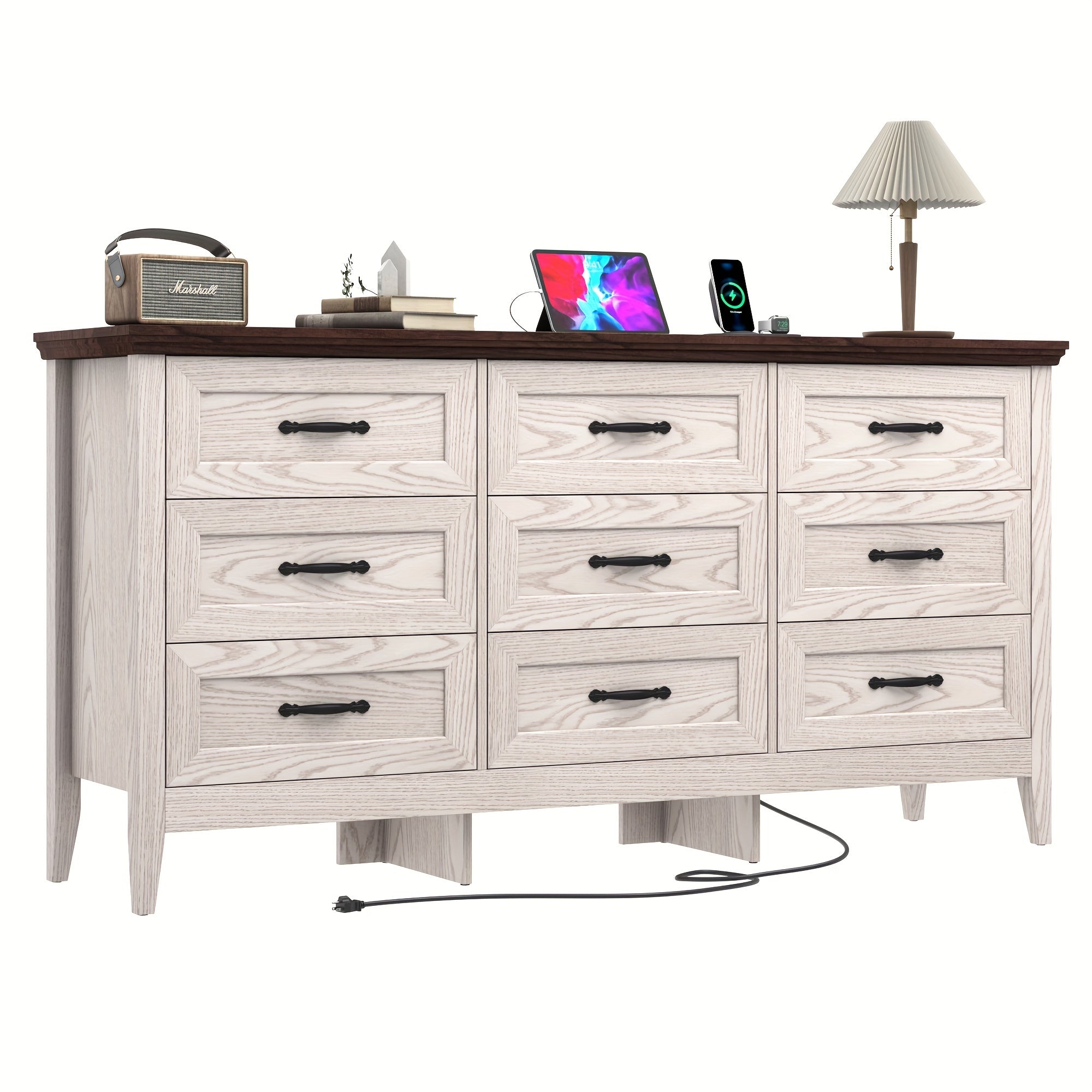 160cm Wood 9 Drawers Dresser For Bedroom, Wide Chest Of Drawers, Storage Double Dressers Organizer For Bedroom, Living Room