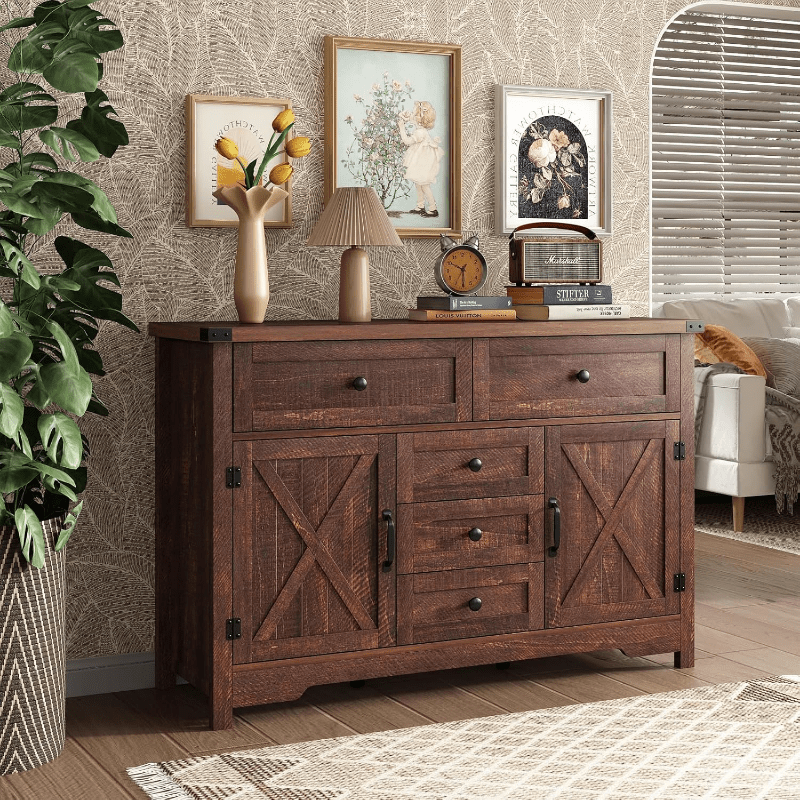 Solid Wood Farmhouse Dresser Chests for Bedroom with 5 Drawers & 2 Barn Doors, Tall Chest of Drawers, Rustic Dresser TV Stand, Dresser Organizer for Living Room, Kitchen