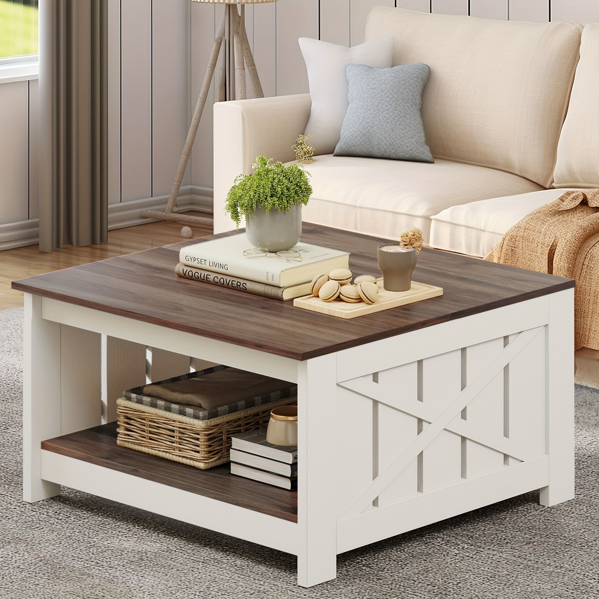 Farmhouse Coffee Table with Storage: Solid Wood Square Design for Living Room