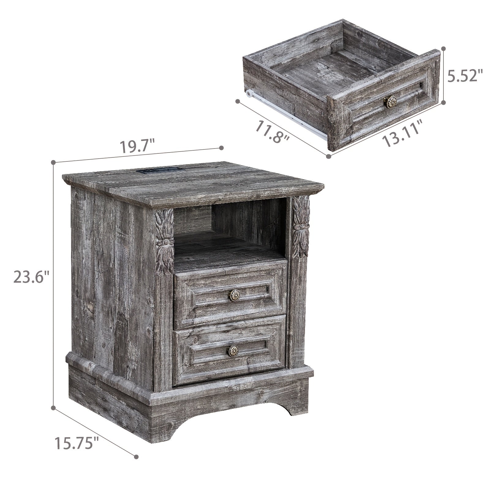 Vintage 7 Drawers Dresser For Bedroom, Wood Rustic Tall Chest Of Drawers With Carved Wood Pilasters, 20" Nightstand With 2 Drawers, Dresser And End Table Set For Bedroom, Living Room, Wood Rustic, Light Gray