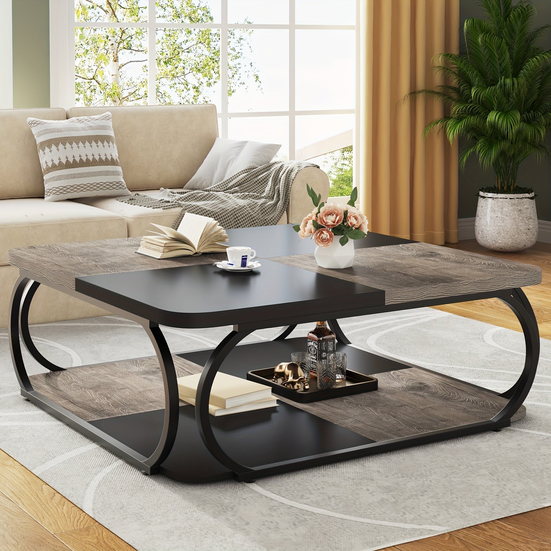 Coffee Table With Open Storage Rack, Wooden Square Coffee Table With Metal Frame In The Center Of The Living Room, As A Gift For Halloween, Christmas