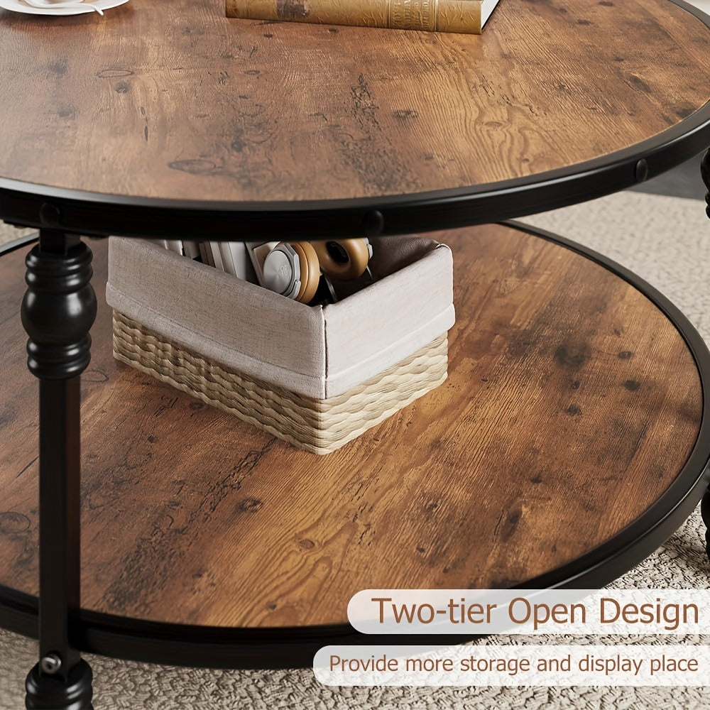 Round Coffee Table 89cm Industrial Center Table with Storage Shelf 2-Tier Rustic Accent Center Table Wood Circle Coffee Table with Sturdy Metal Legs, Easy Assembly