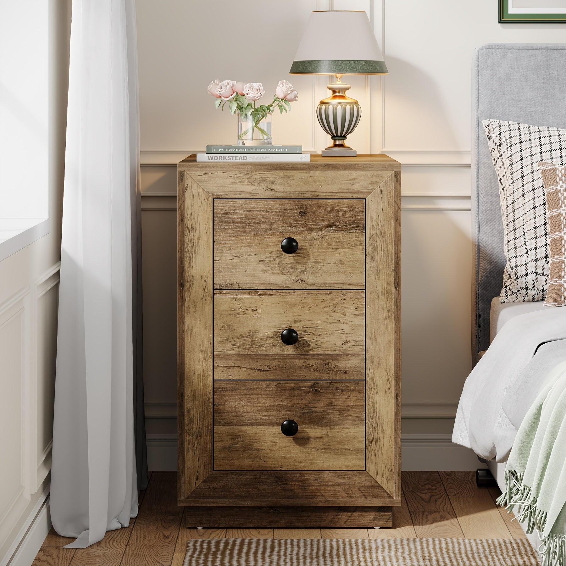 Rustic Brown Wooden End Table with 3 Storage Drawers - Versatile Farmhouse Side Table for Living Room & Bedroom, Stain-Resistant Finish, LITTLE TREE