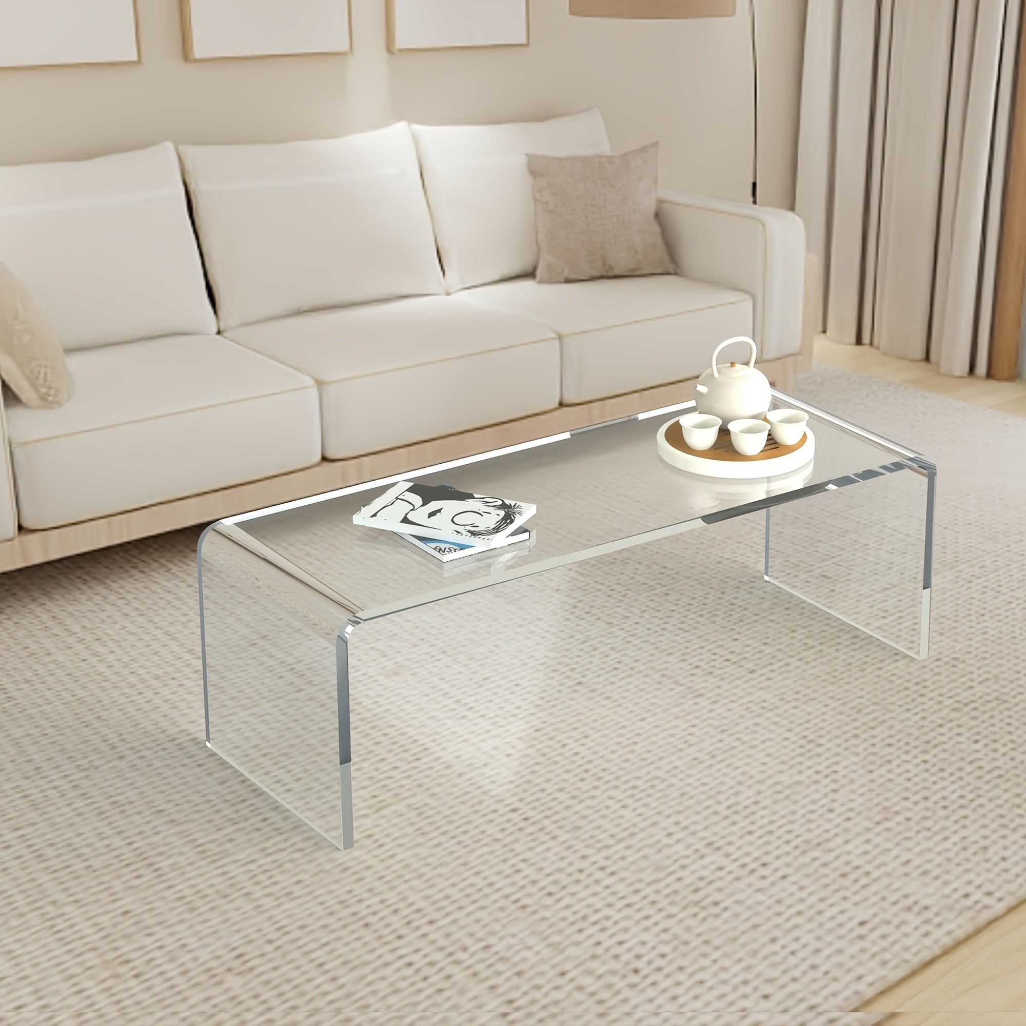 Premium Acrylic Coffee Table, Thick Clear Tea Table, Multipurpose Waterfall Rectangle Lucite Table for Small Living Room, Bedroom, Balcony Patio And Office