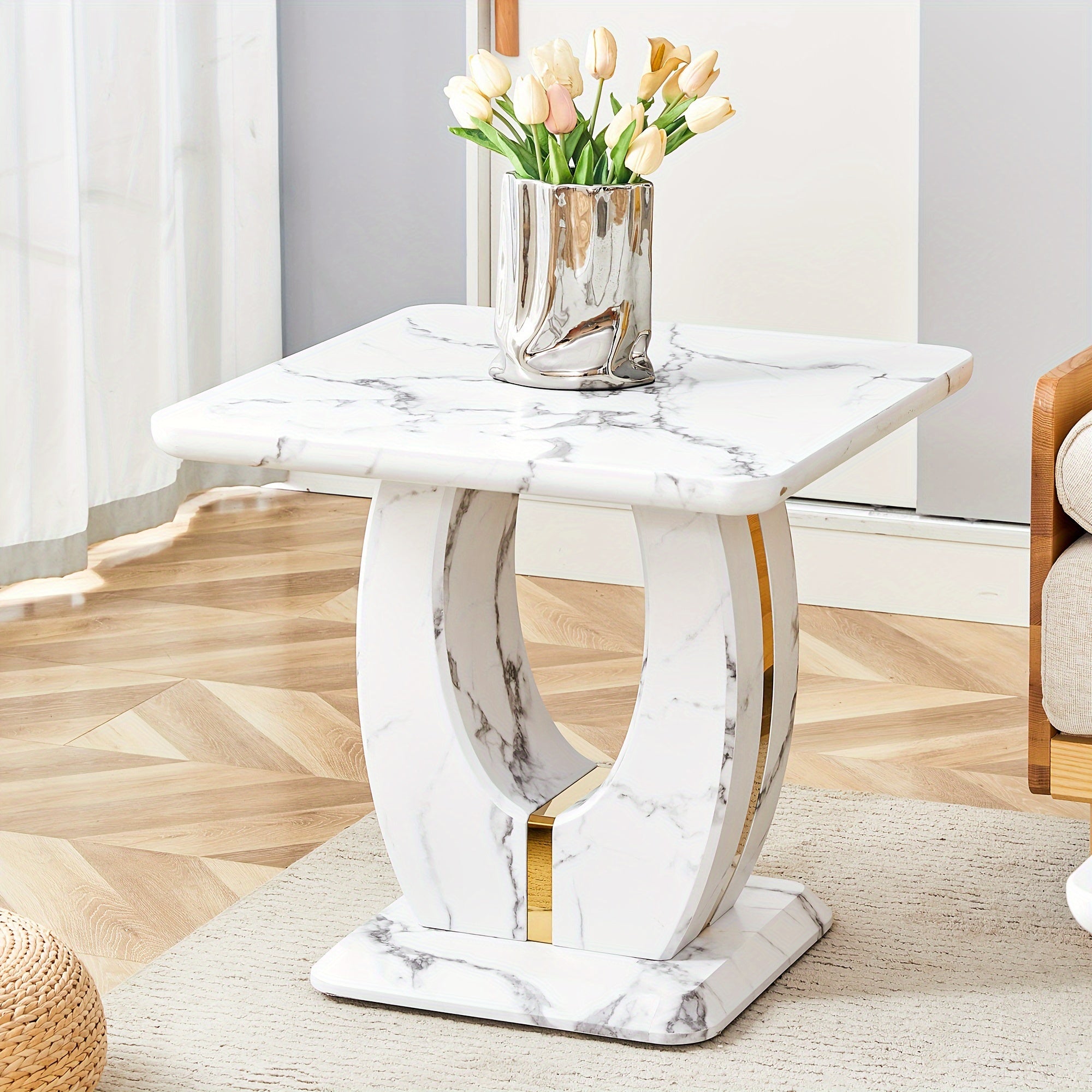 Modern Faux Marble Pattern Side Table with Golden Accents, 23.6" Square Top, Adjustable Foot Pads, And Sturdy Base - Perfect for Living Room Or Office, Easy to Install And Clean, Furniture for Home,, Valentines Decorations fo