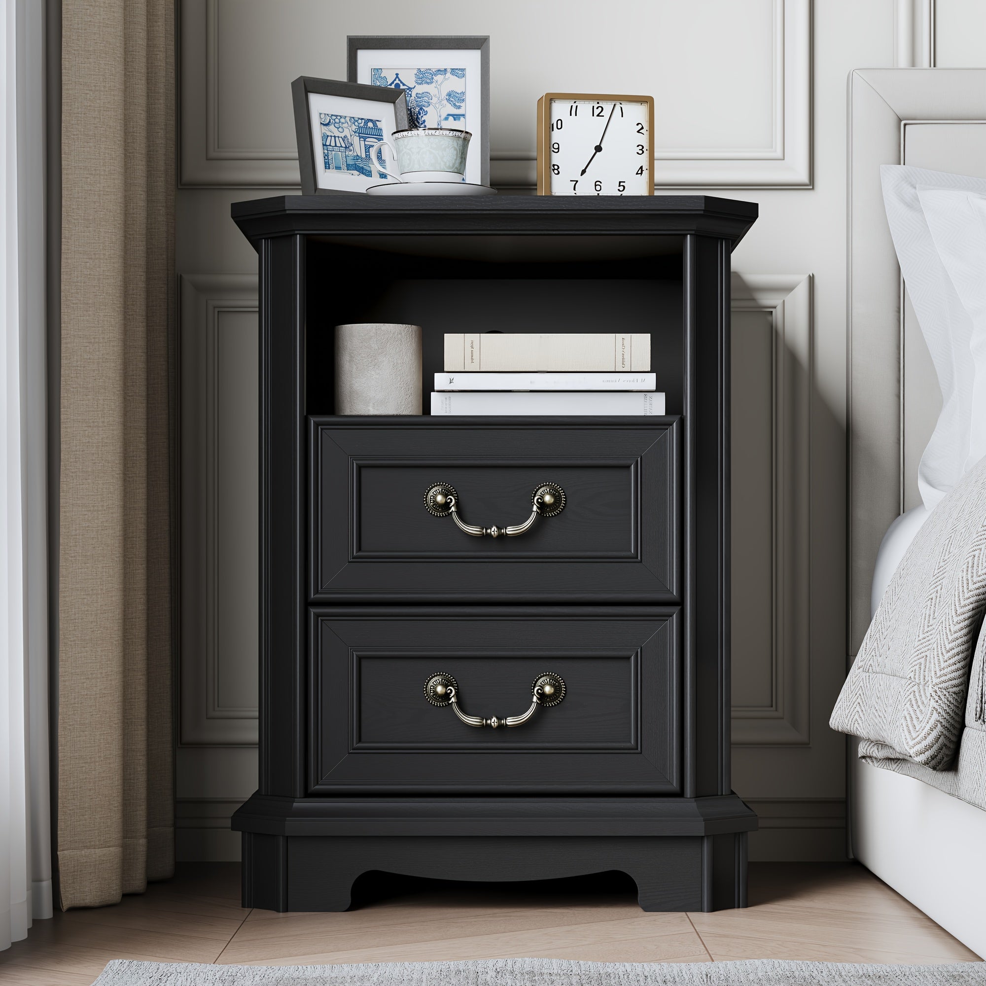 Charming Farmhouse 2-Drawer Nightstand - White Wooden End Table with Open Shelf for Bedroom & Living Room, Stain-Resistant