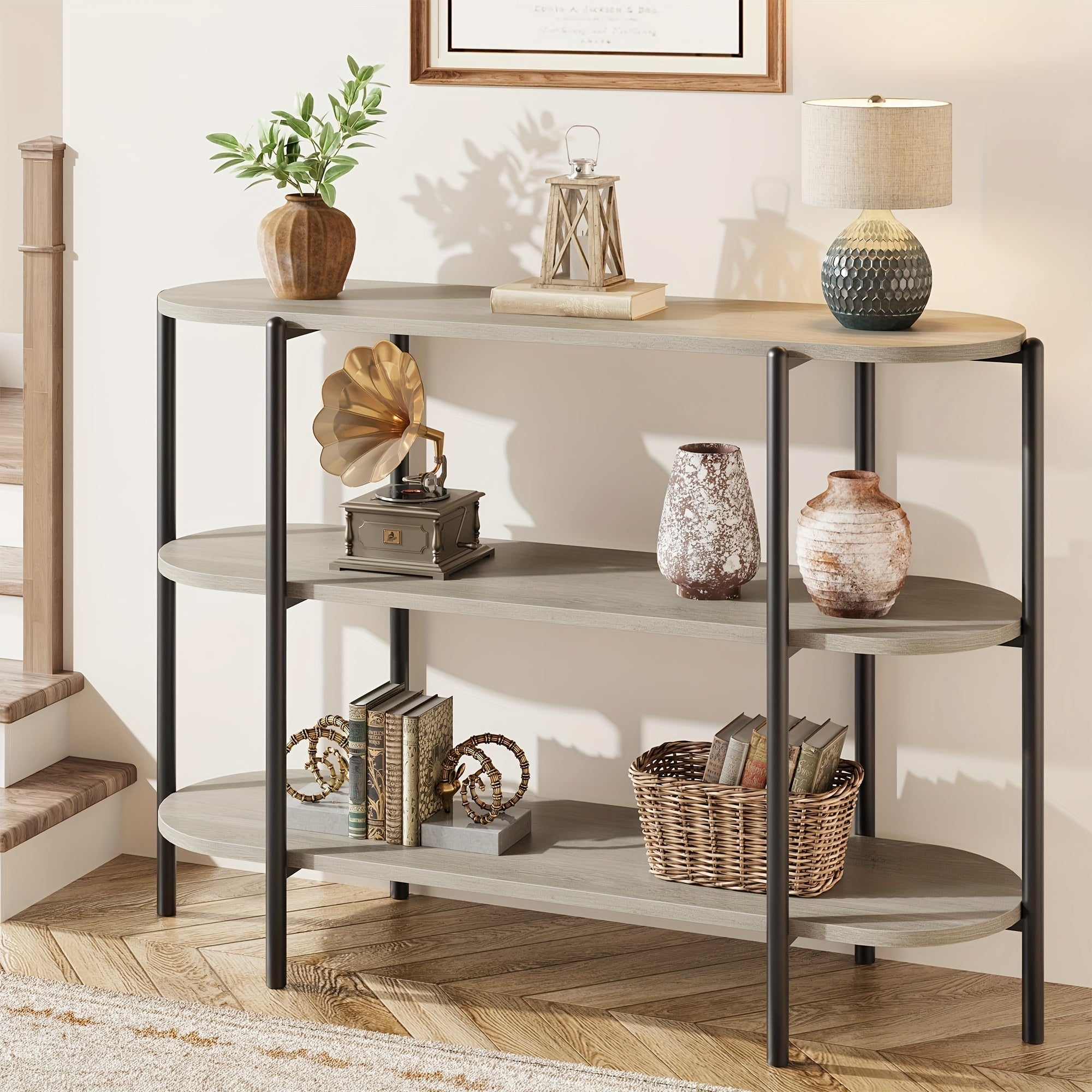 120 cm Console Table, 3 Tier Industrial Metal Sofa Table, Behind Couch Table, Farmhouse Hallway Table for Entry, Living Room, Kitchen, and Dining Room