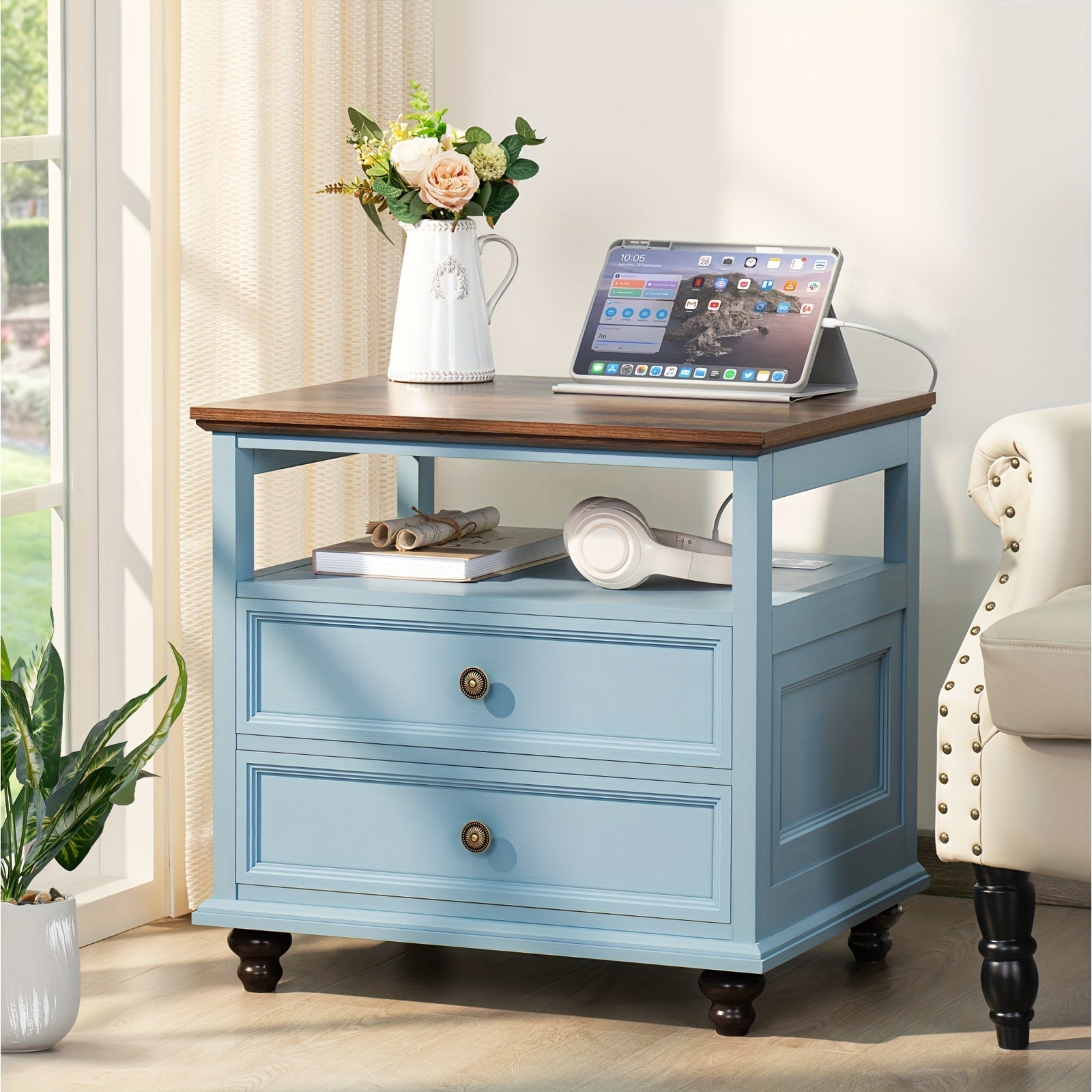 Farmhouse Nightstand With Charging Station, 23.6" Wide End Table With 2 Drawers, Blue Dresser For Bedroom, Bed Side Table Chest Of Drawers Cabinet, Wood Night Stand For Living Room, Closet