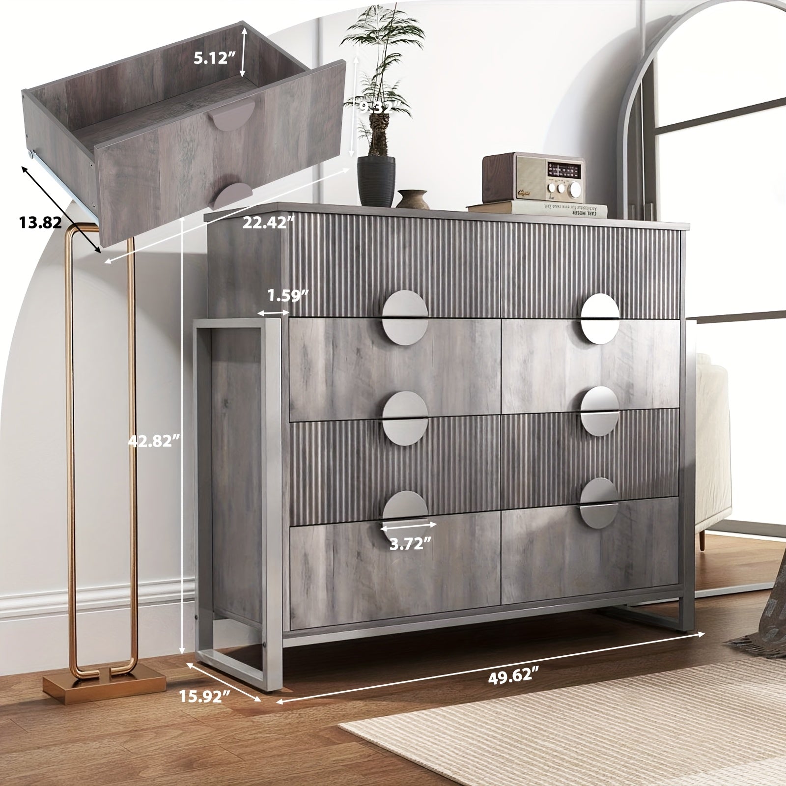 Modern Fluted 8-Drawer Dresser with Metal H Legs and Large Handles, 49.6 Inch Long TV Stand, Grey - Ideal for Bedroom, Living Room, Hallway, Dresser for Bedroom