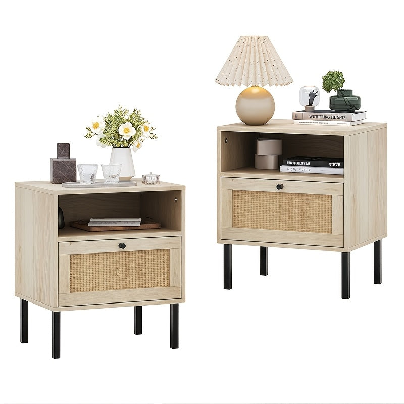 2pcs Rattan Nightstand Set, Bedside Table with Open Shelf And Door, Boho End Table (Set Of 2)