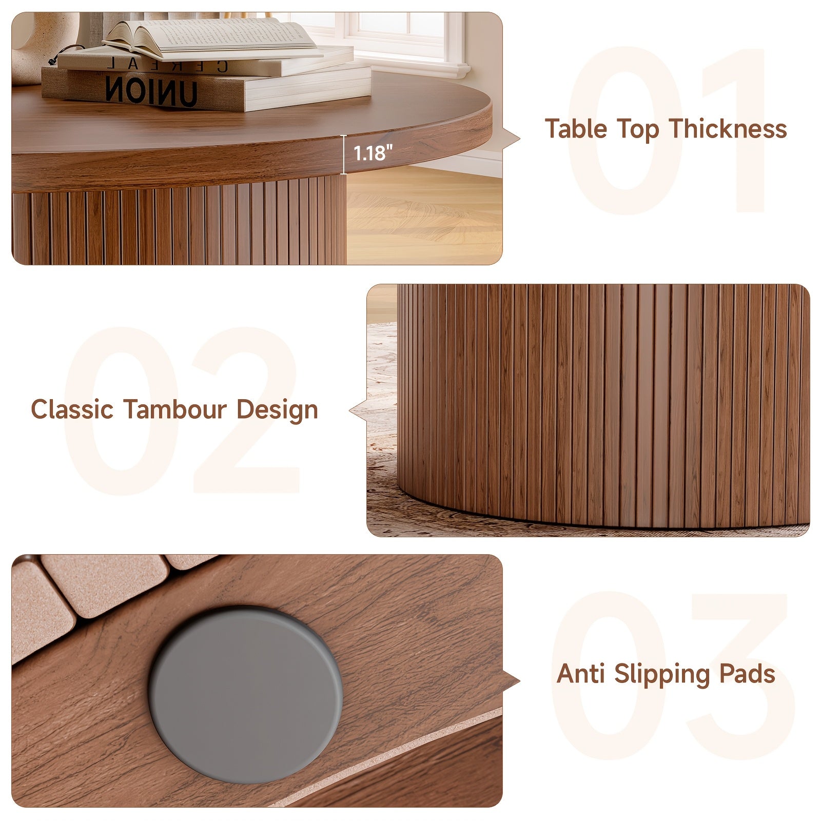 Modern 79cm Round Wooden Coffee Table with Anti-Slip Pad and Roller Curtain Design for Living Room, Sofa Side Center Table