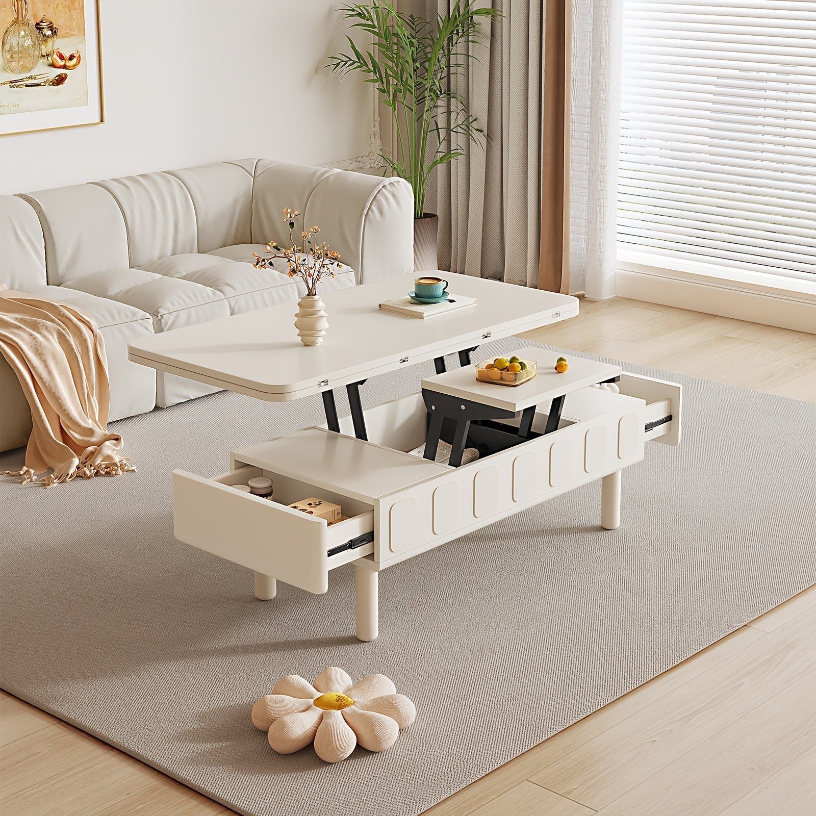 White Extendable Coffee Table, 3-in-1 Center Table, Multifunctional Lift Top Coffee Table, Space Saving Folding Dining Table for Living Room, Home, Easy Assembly