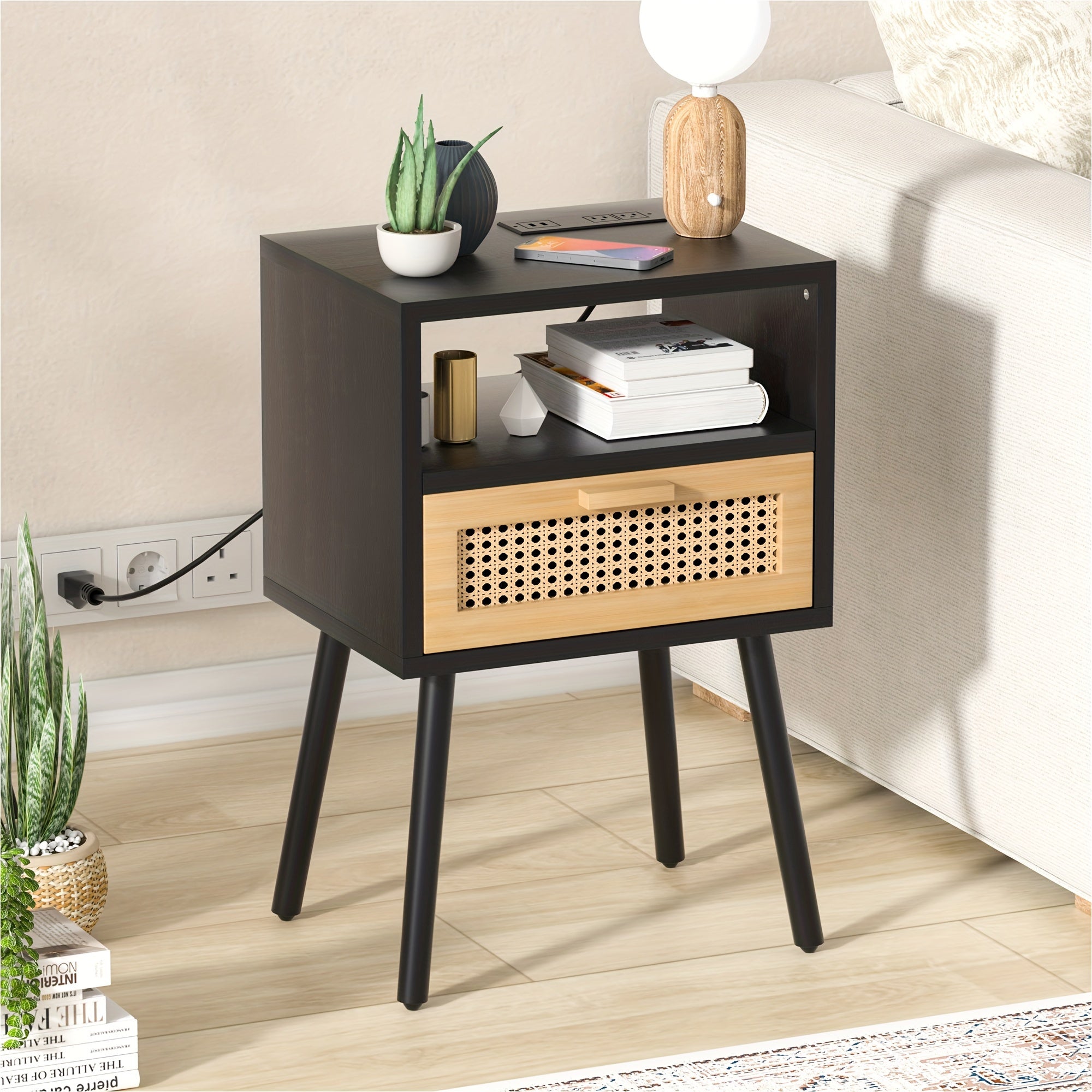 Rattan Nightstands End Side Table With Charging Station, Wooden Mid Century Modern Bedside Table With Storage Drawers For Bedroom Living Room