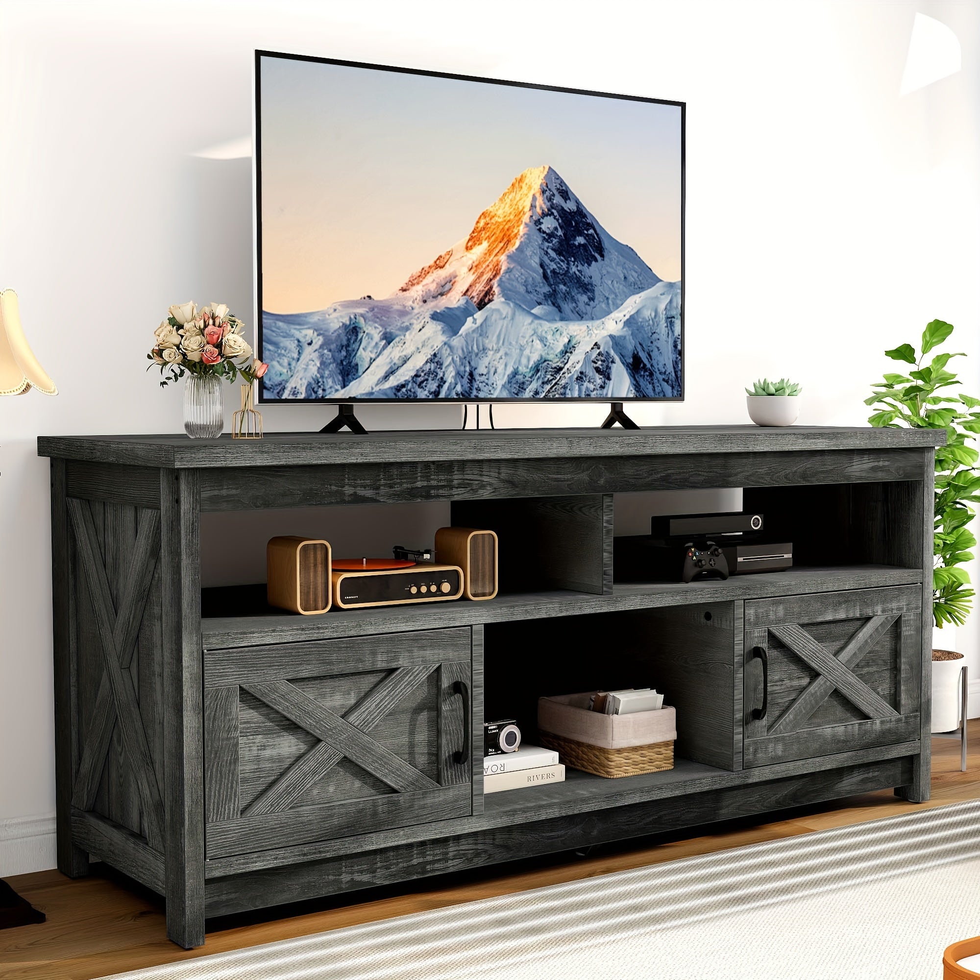 Farmhouse TV Console with Power Outlet, Media Cabinet with Shelves for Living Room, Black and White